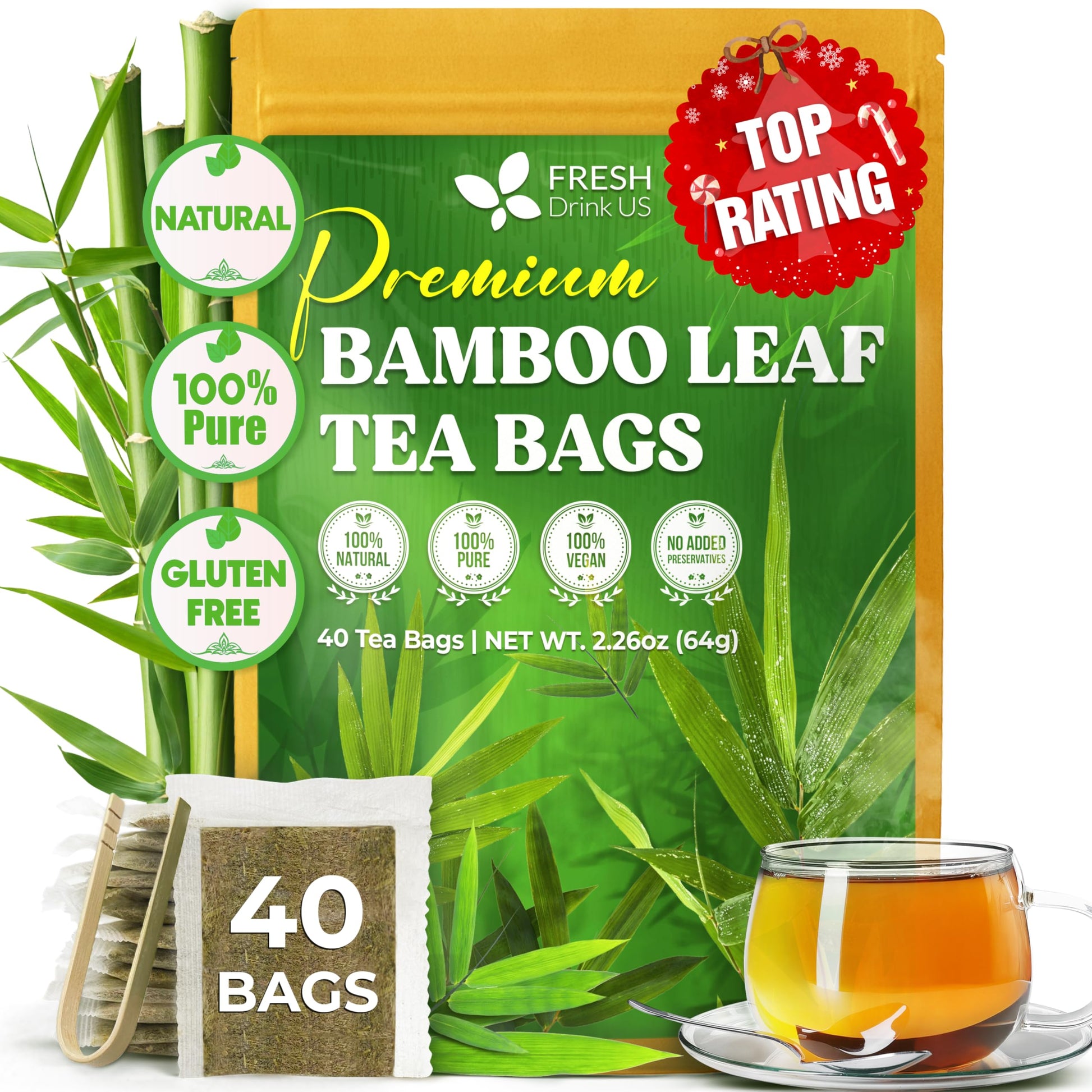 Freshdrinkus  Top-Grade Bamboo Leaf Tea Bags | 40 Count | Naturally Light & Refreshing Energy Blend-Free Herbal Tea - From 100% Natural Bamboo Leaves. Sugar-Free. Vegan