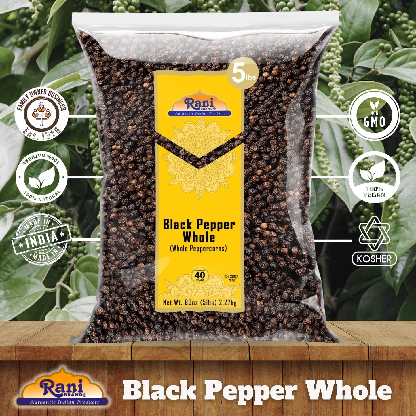 Rani Black Pepper Whole (Peppercorns), Premium Mg-1 Grade 80Oz (5Lbs) 2.27Kg Bulk ~ All Natural | Gluten Friendly | Non-Gmo | Kosher | Product Of Vietnam | Perfect Size For Grinders!