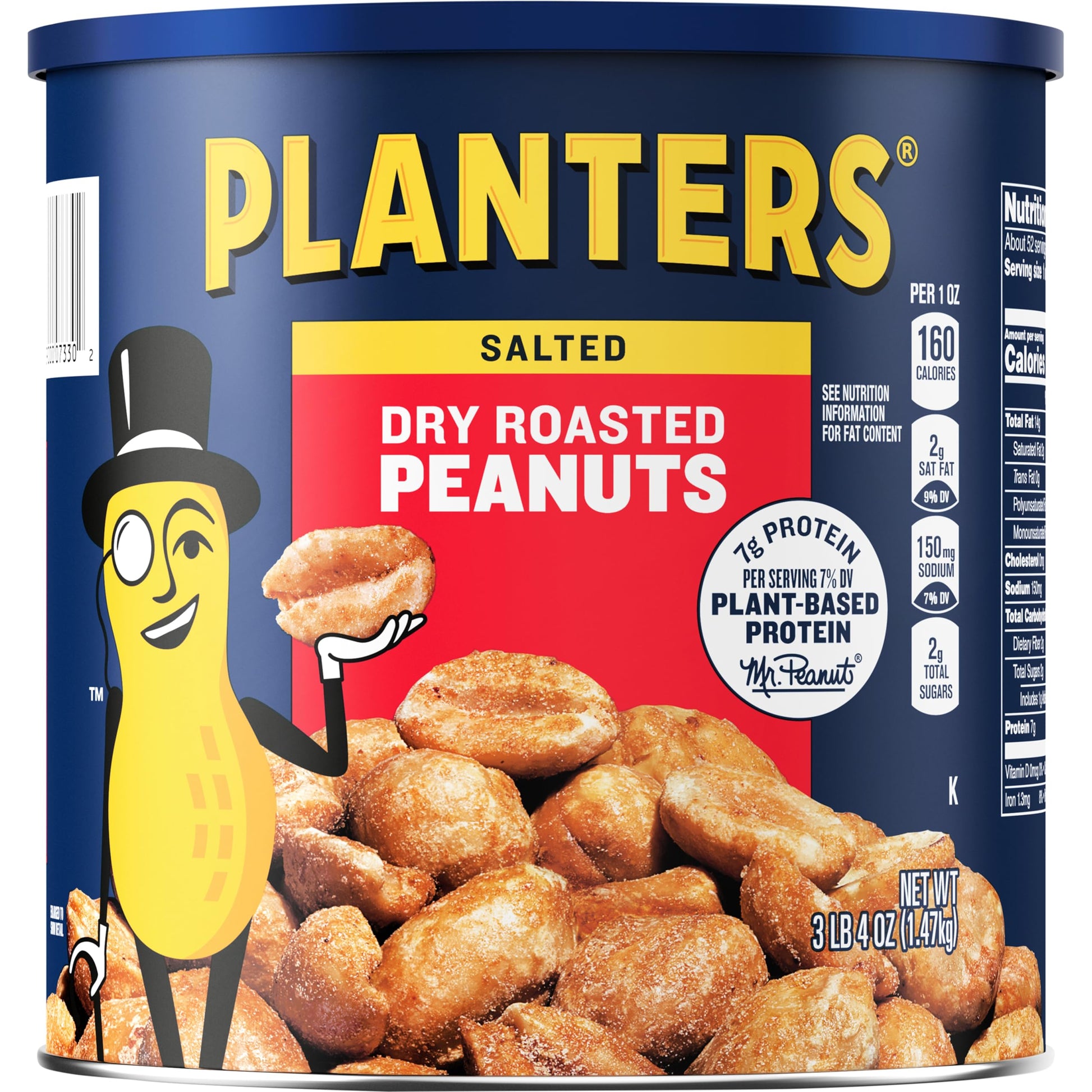 PLANTERS Salted Dry Roasted Peanuts, Party Snacks, Plant Based Protein, 52 Oz Cannister