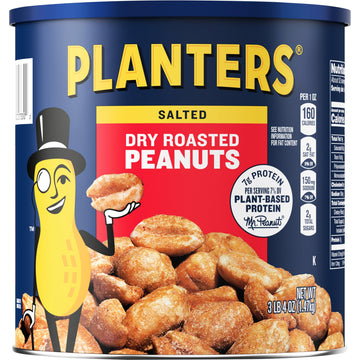 PLANTERS Salted Dry Roasted Peanuts, Party Snacks, Plant Based Protein, 52 Oz Cannister