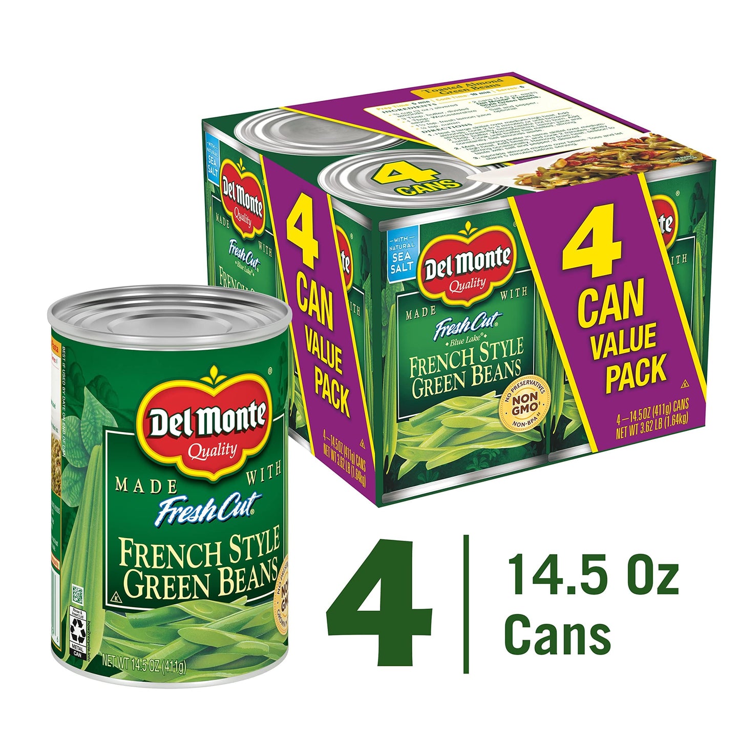 Del Monte Canned Fresh Cut French Style Green Beans, 14.5 oz (Pack of 4)
