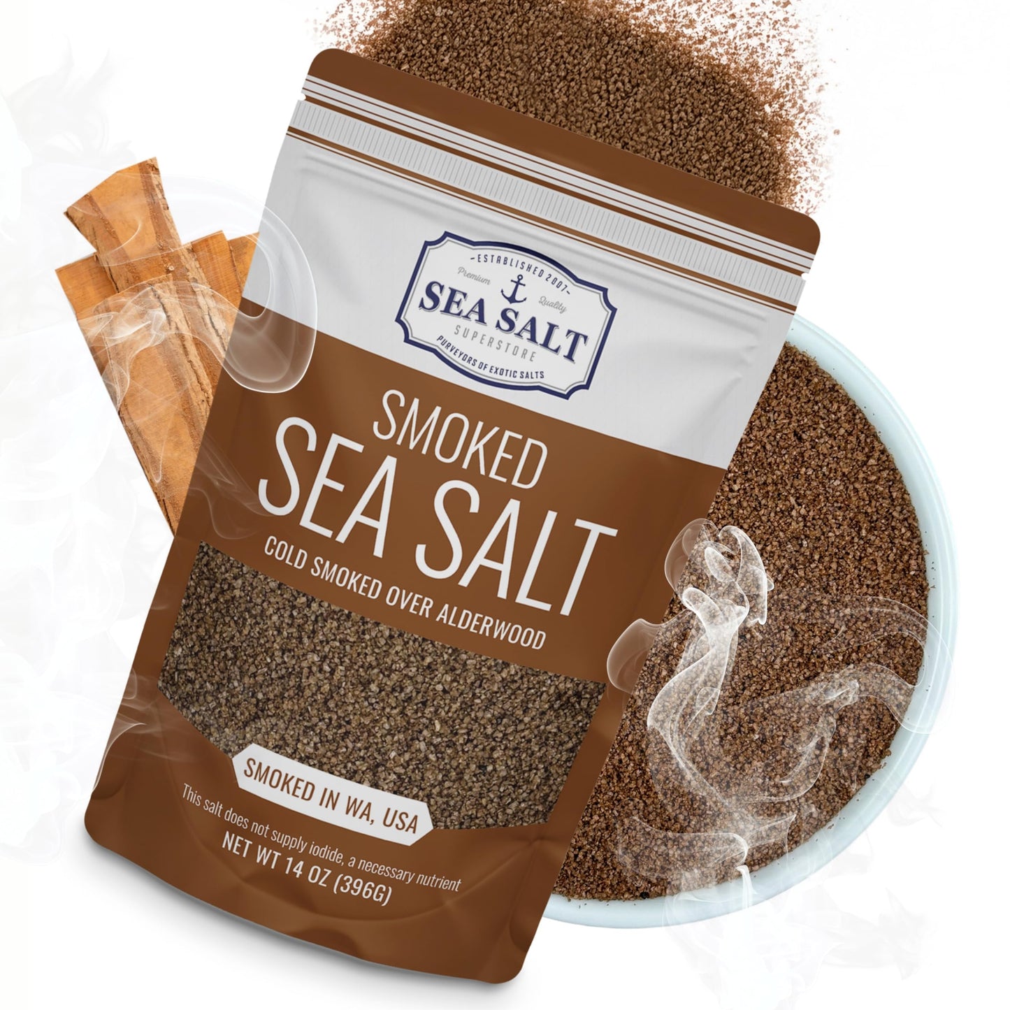 Sea Salt Superstore Fine Grain Cold Smoked Sea Salt, Unrefined Kosher Salt for Grilling & Cooking, 14 oz Bag