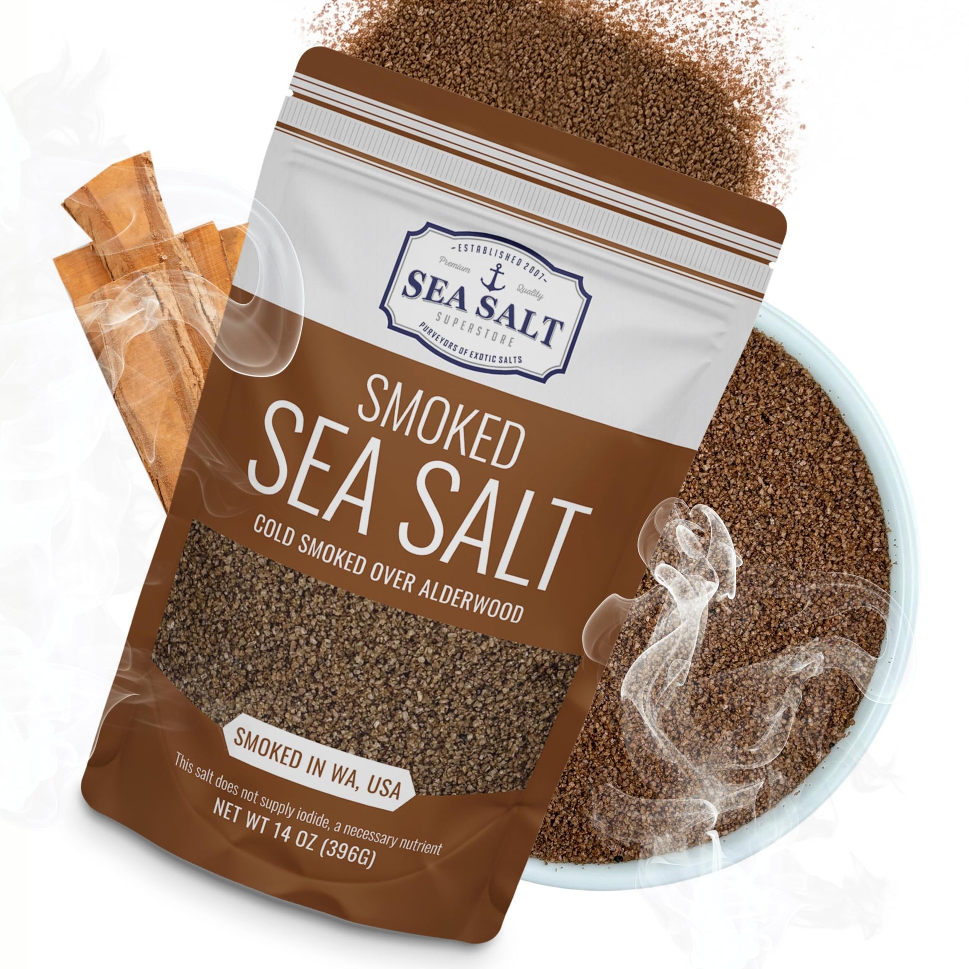 Sea Salt Superstore Fine Grain Cold Smoked Sea Salt, Unrefined Kosher Salt for Grilling & Cooking, 14 oz Bag