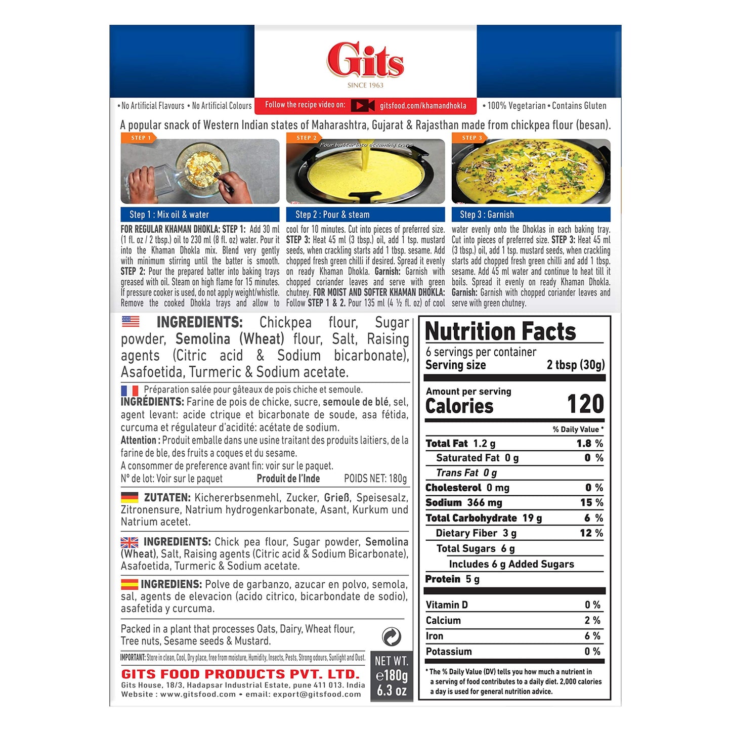 Gits Instant Khaman Dhokla Snack Mix, 1080g (Pack of 6 X 180g Each)