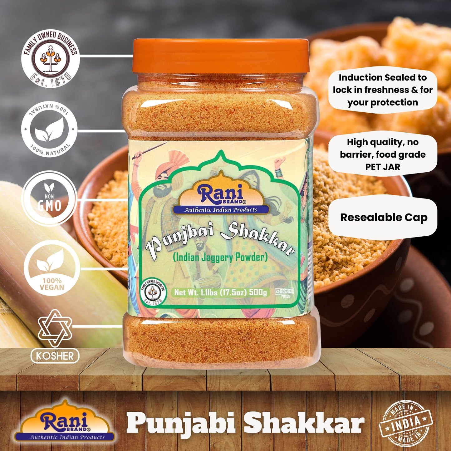 Rani Punjabi Shakkar (Gur Jaggery Powder) Indian Unrefined Raw Cane Sugar 17.5oz (1.1lbs) 500g PET Jar ~ Gluten Friendly | Vegan