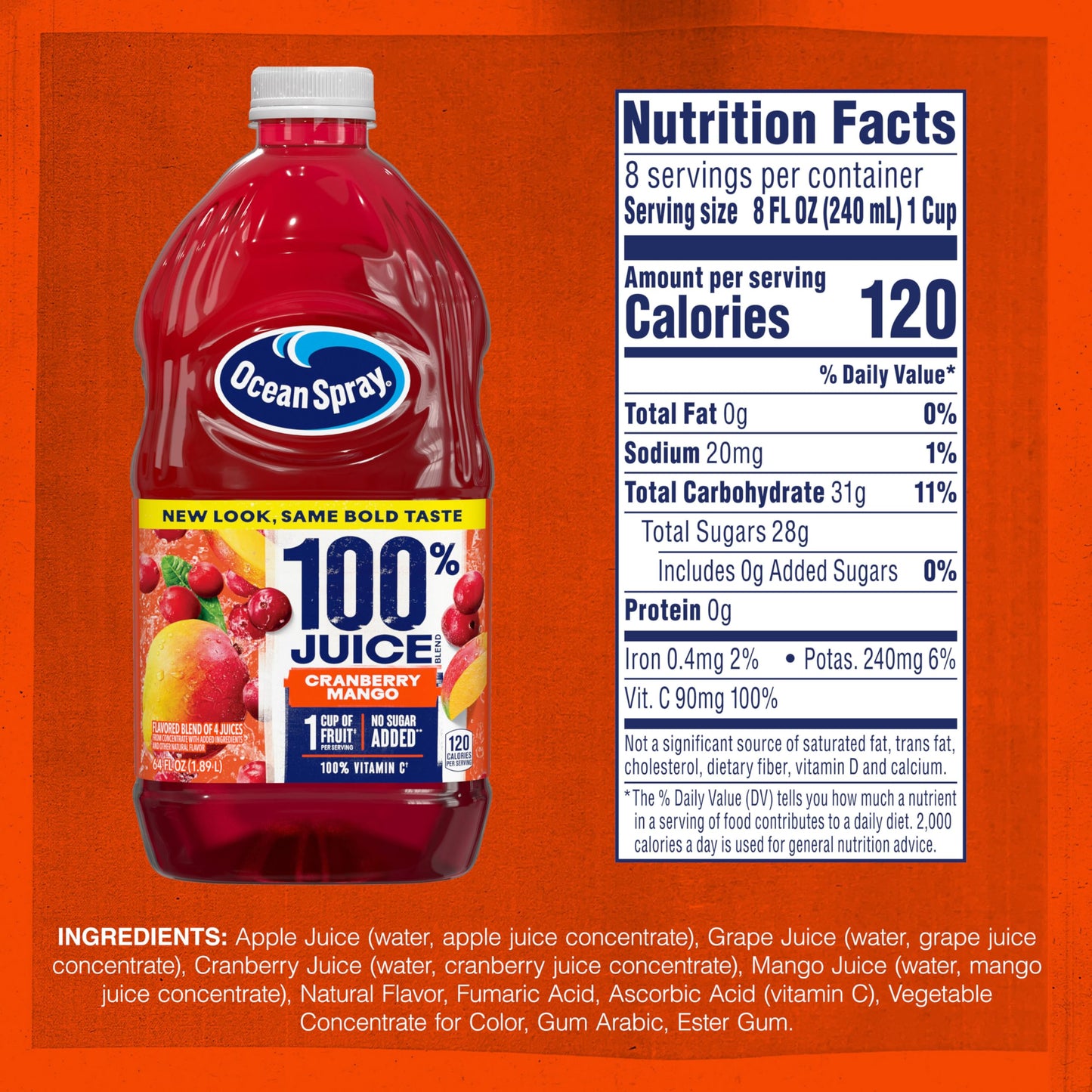 Ocean Spray 100% Juice Cranberry Mango Juice Blend  64 Fl Oz Bottle (Pack of 1)
