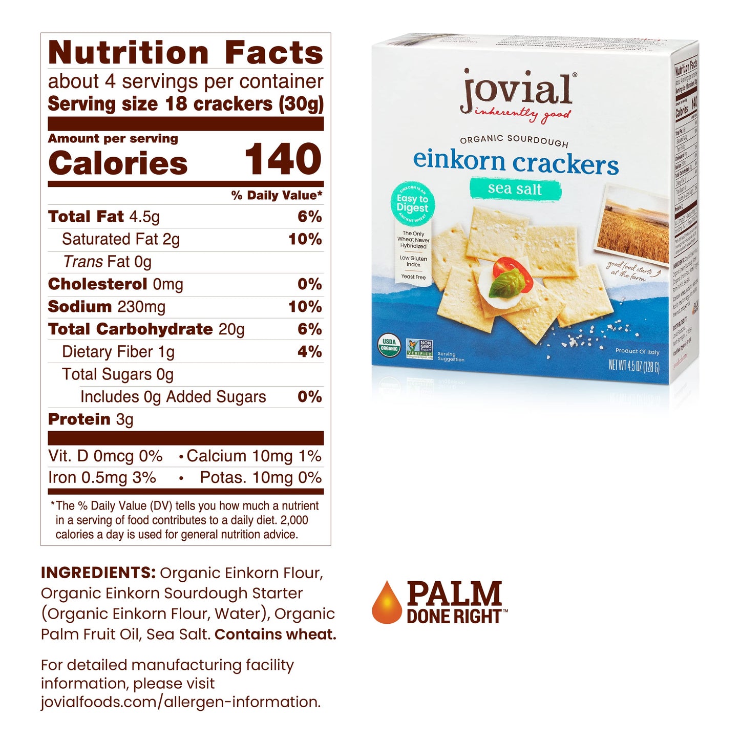 Jovial Organic Sourdough Einkorn Sea Salt Crackers - Sourdough Crackers, Crackers For Cheese Platter, Made With Einkorn, Usda Or