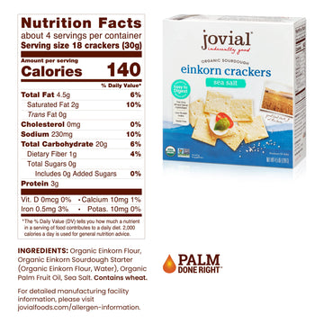 Jovial Organic Sourdough Einkorn Sea Salt Crackers - Sourdough Crackers, Crackers For Cheese Platter, Made With Einkorn, Usda Or