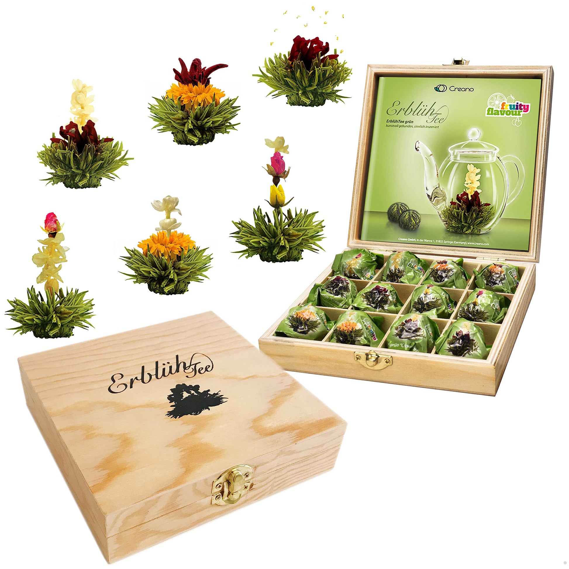 Creano Flowering Abloom Tea - Blooming Gift Set In Stylish Wooden Box  12Pcs