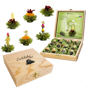 Creano Flowering Abloom Tea - Blooming Gift Set In Stylish Wooden Box  12Pcs