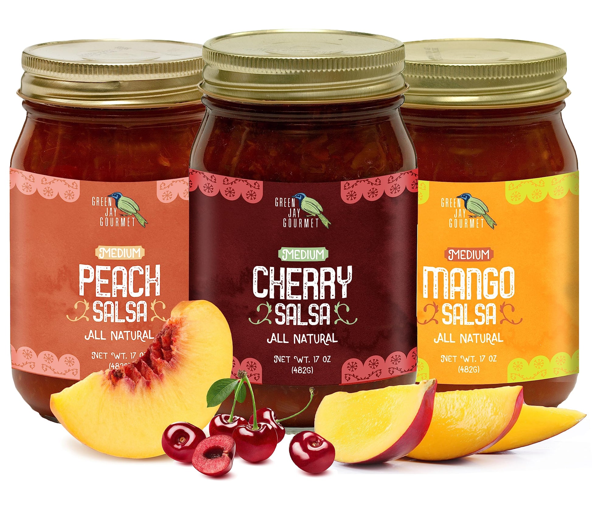 Green Jay Gourmet Salsa Variety Pack - Cherry, Peach, Mango - Medium Heat - 17 Ounces, Pack of 3 - Gluten-Free Dip