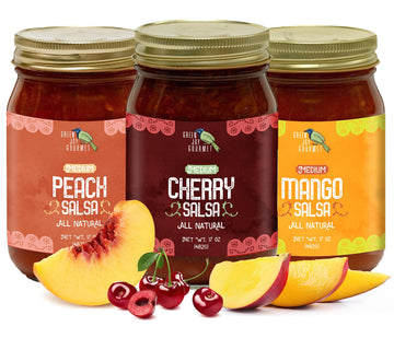 Green Jay Gourmet Salsa Variety Pack - Cherry, Peach, Mango - Medium Heat - 17 Ounces, Pack of 3 - Gluten-Free Dip