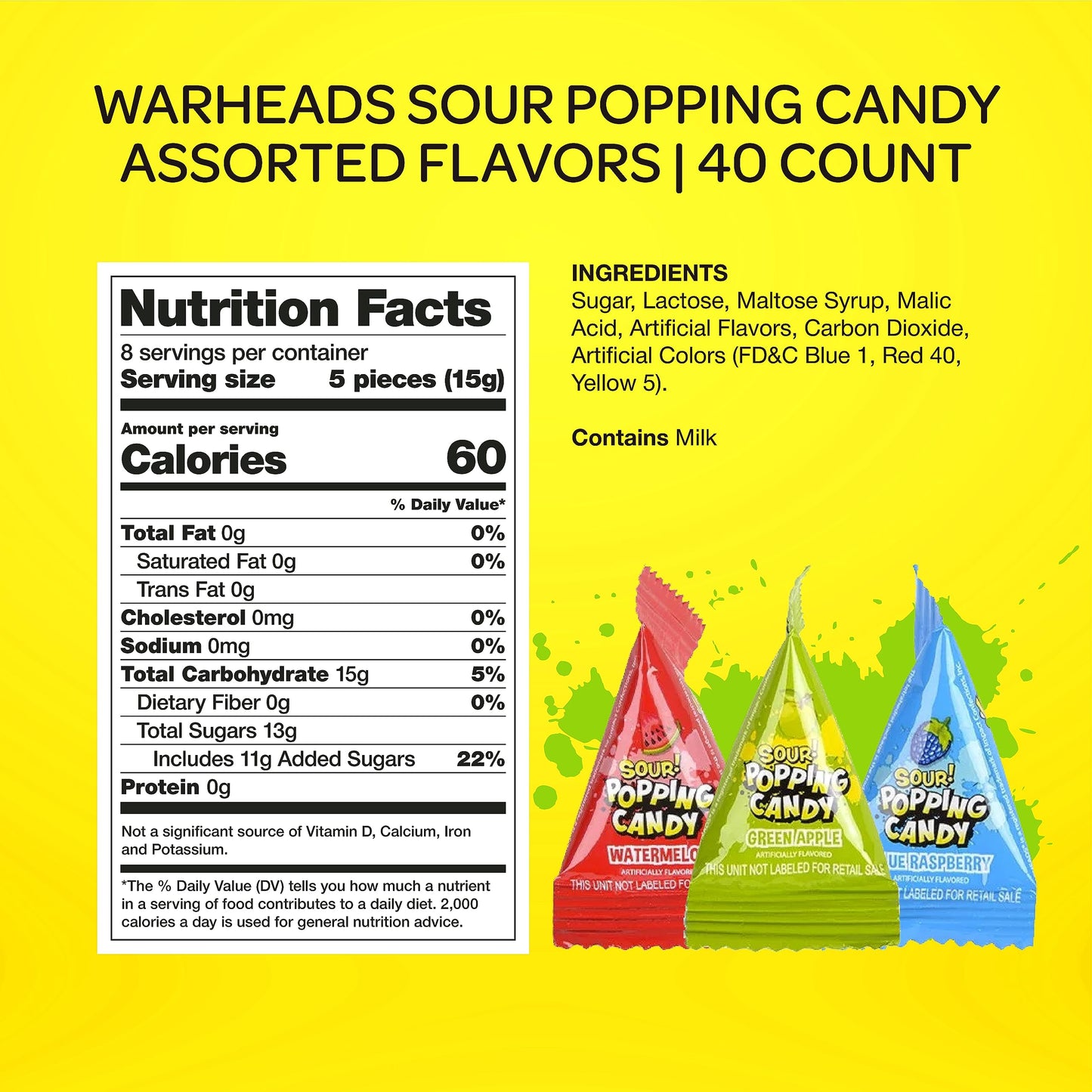 Halloween Candy - Warheads Sour Popping Candy Assorted Fruit Flavors, 40 Count Bag