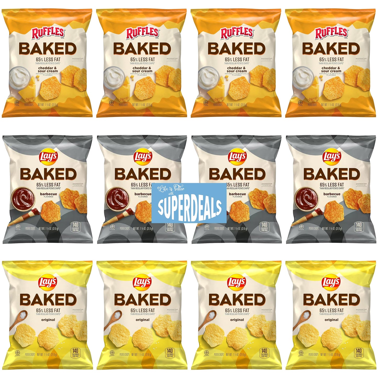 SUPERDEALS Baked Variety Pack - 12 Count of Ruffles & Lays Crisps, 1.13 Ounce Each, Includes Mystery Gift