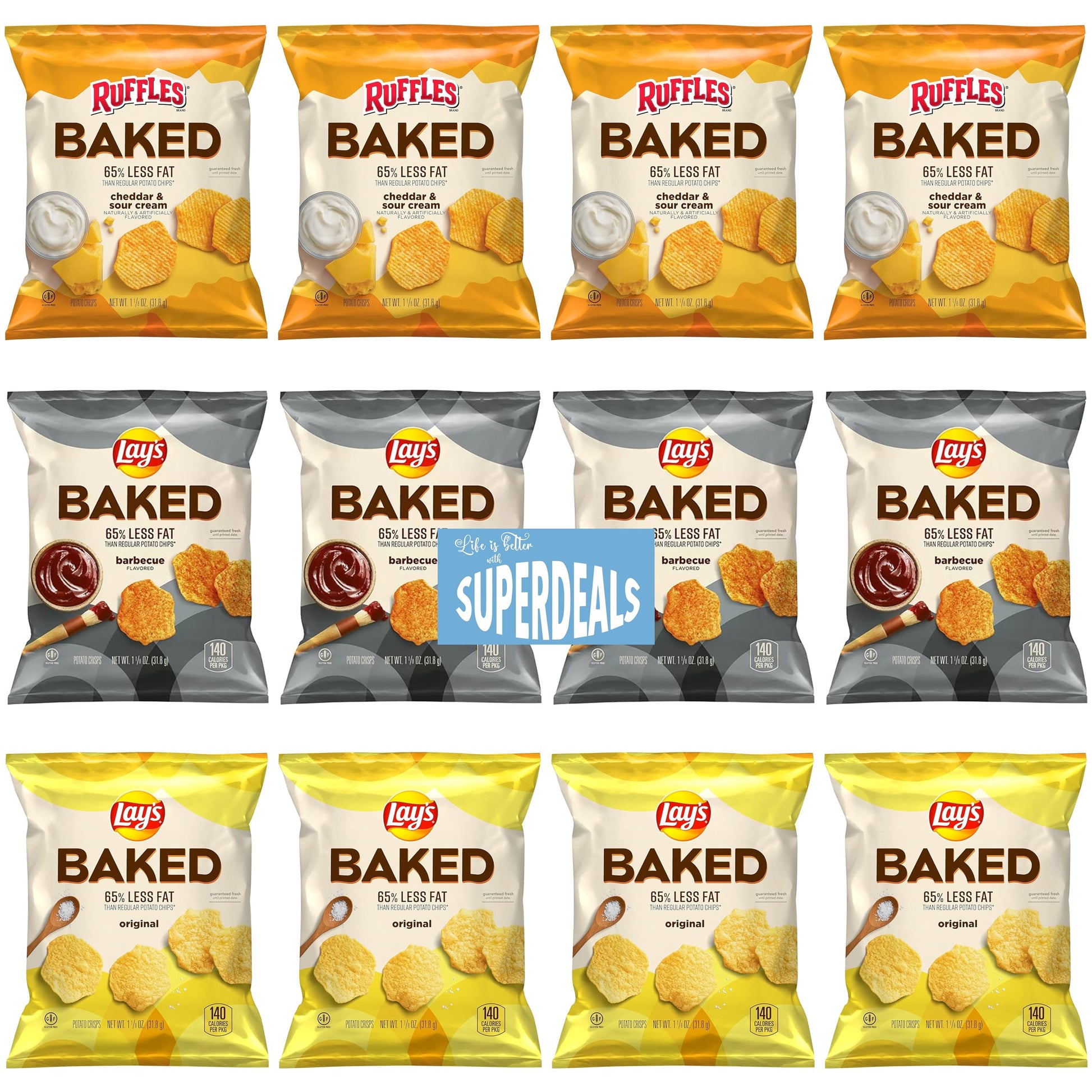 SUPERDEALS Baked Variety Pack - 12 Count of Ruffles & Lays Crisps, 1.13 Ounce Each, Includes Mystery Gift