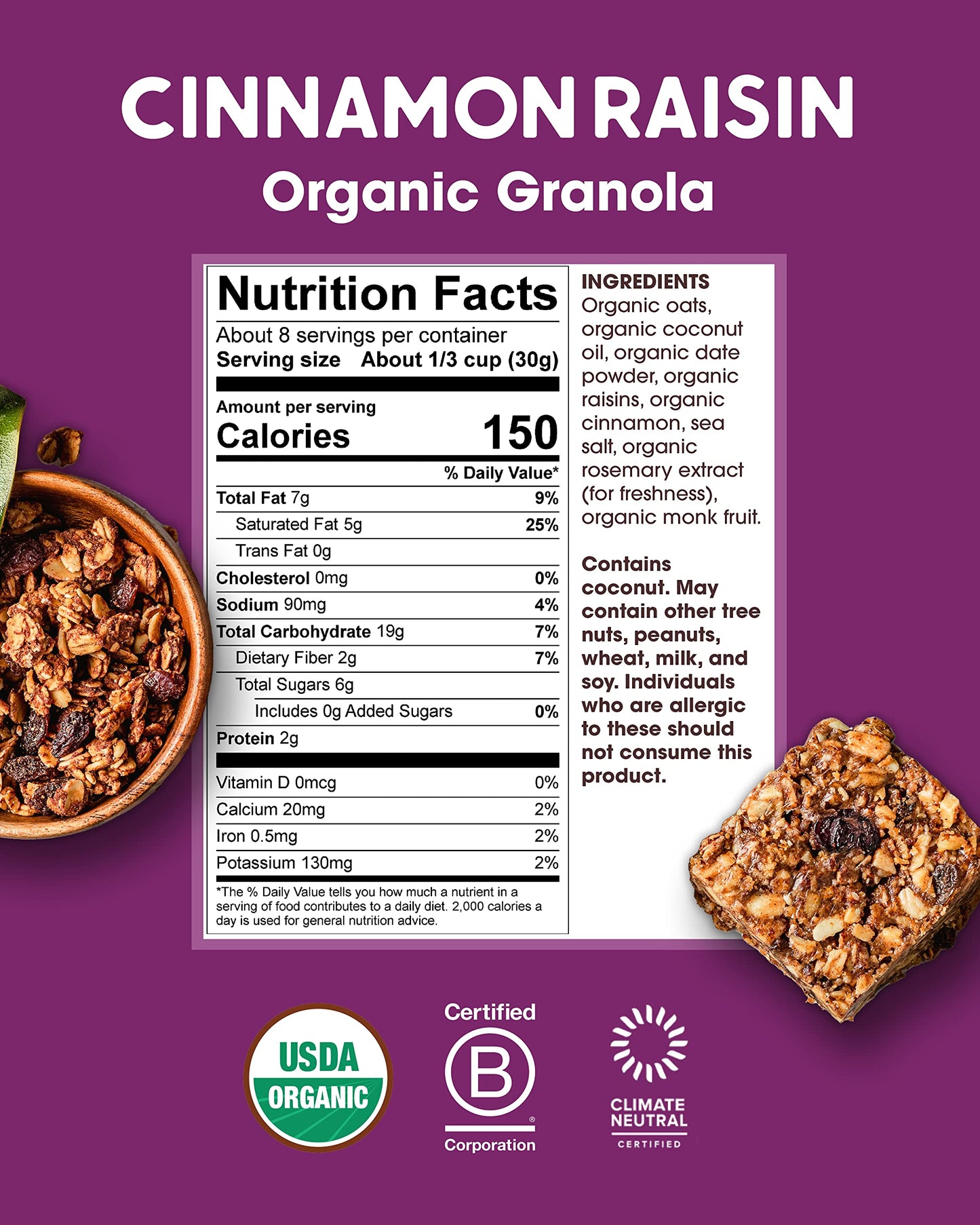 Alter Eco Cinnamon Raisin Granola, Healthy, Organic Breakfast & Snack, Naturally Sweetened With Fruit, Vegan, No Artificial Suga