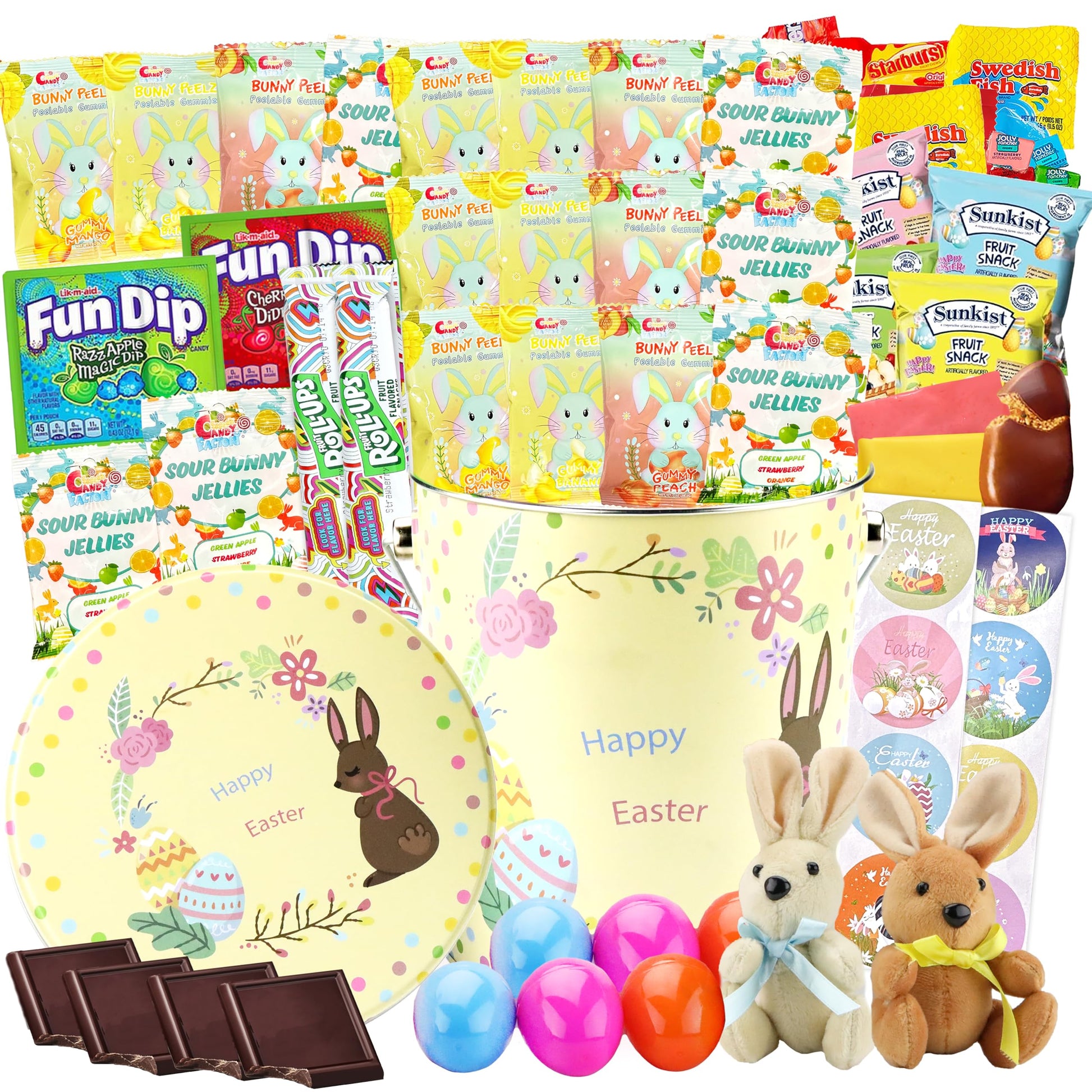 Easter Snack Yellow Tin (60 Count) Filled with Candy, Peelable Gummies,Bunny and More, Great Package for Family, Friends, Boys a