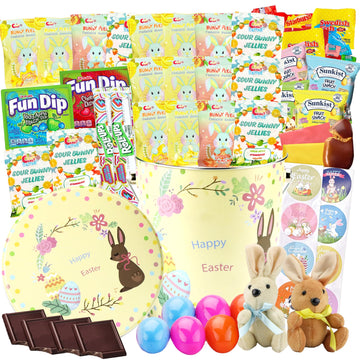 Easter Snack Yellow Tin (60 Count) Filled with Candy, Peelable Gummies,Bunny and More, Great Package for Family, Friends, Boys a