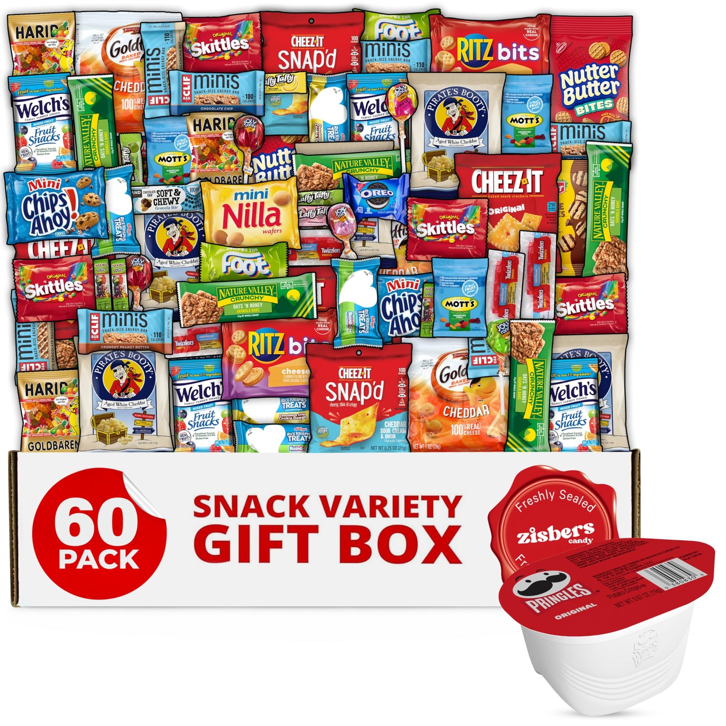 Zisbers Snack Box Care Package - 60 Pack Variety Snacks, Candy & Treats for College Students, Adults, Kids, and Office