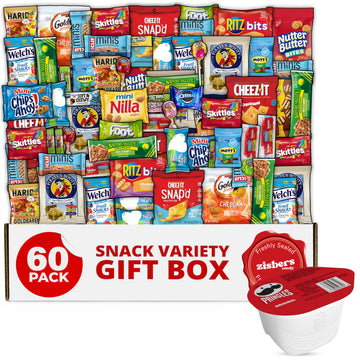 Zisbers Snack Box Care Package - 60 Pack Variety Snacks, Candy & Treats for College Students, Adults, Kids, and Office