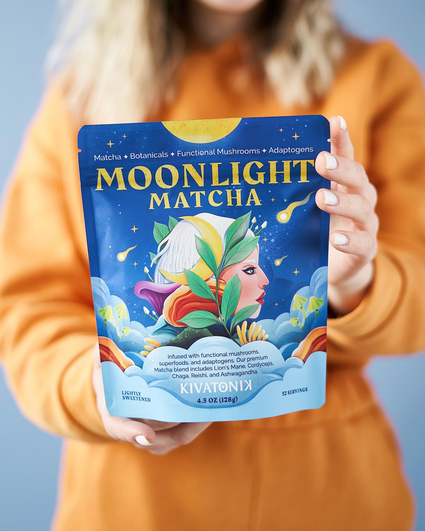 KIVATONIK Moonlight Matcha - Ceremonial Matcha with Organic Functional Mushrooms and Adaptogens - Lions Mane, Cordyceps, Chaga,