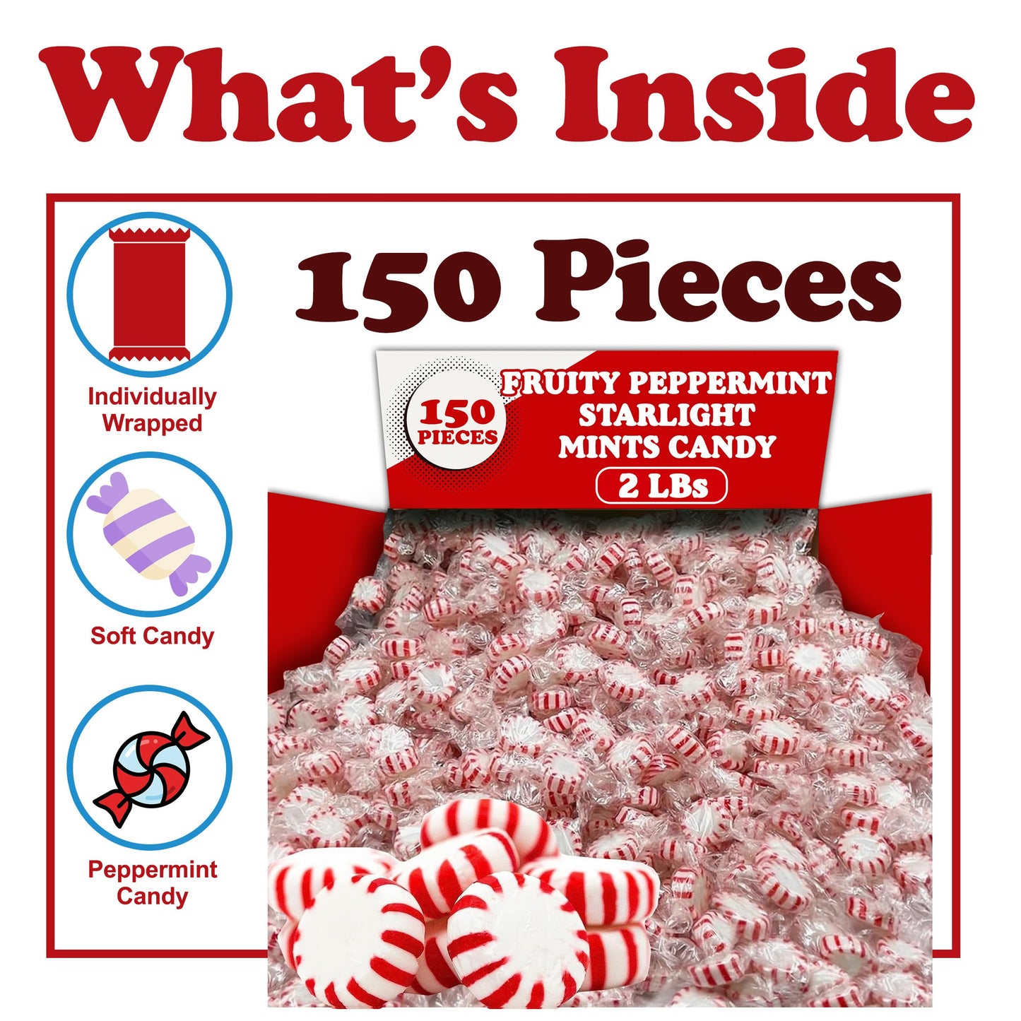 Starlights Peppermint Candy Mints, 2 Lbs, Individually Wrapped Hard Candy Mints, Red & White Striped Mint Candy After Dinner Min