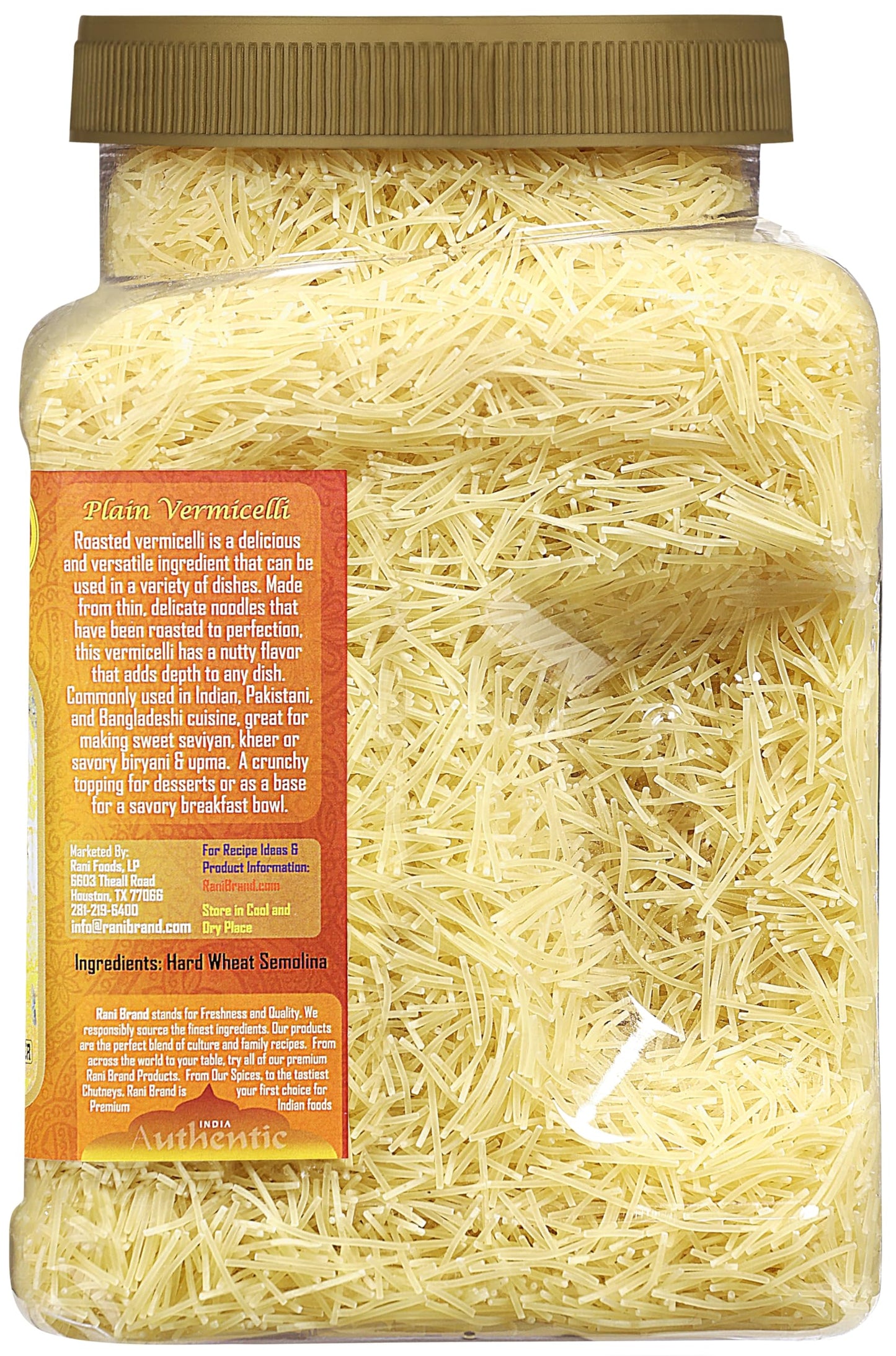 Rani Plain Vermicelli (Wheat Noodles) 28Oz (1.75Lbs) 800G Pet Jar ~ All Natural | Vegan | Non-Gmo | Kosher | Indian Origin