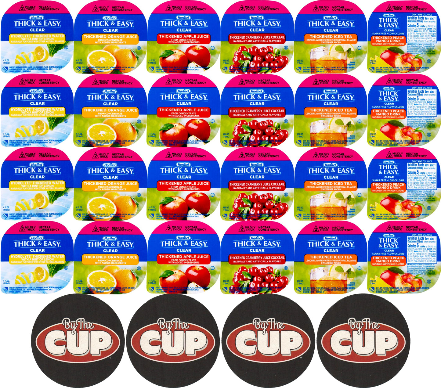 Hormel Thick & Easy Clear Single Serve, Nectar Consistency Thickened Beverage, 6 Flavor Variety, 4 oz Cups (Pack of 24) with By 