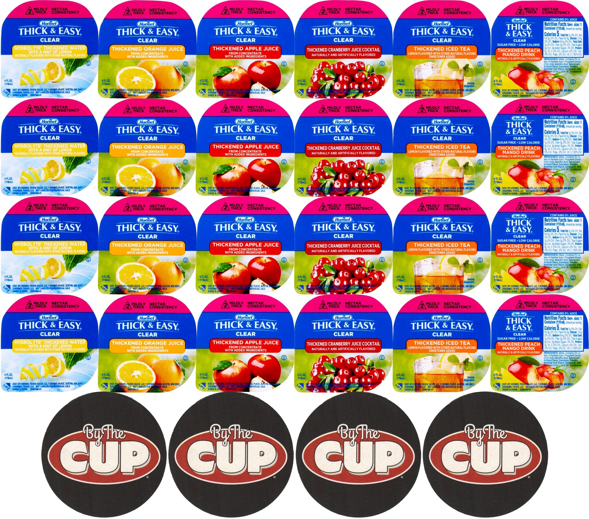 Hormel Thick & Easy Clear Single Serve, Nectar Consistency Thickened Beverage, 6 Flavor Variety, 4 oz Cups (Pack of 24) with By 