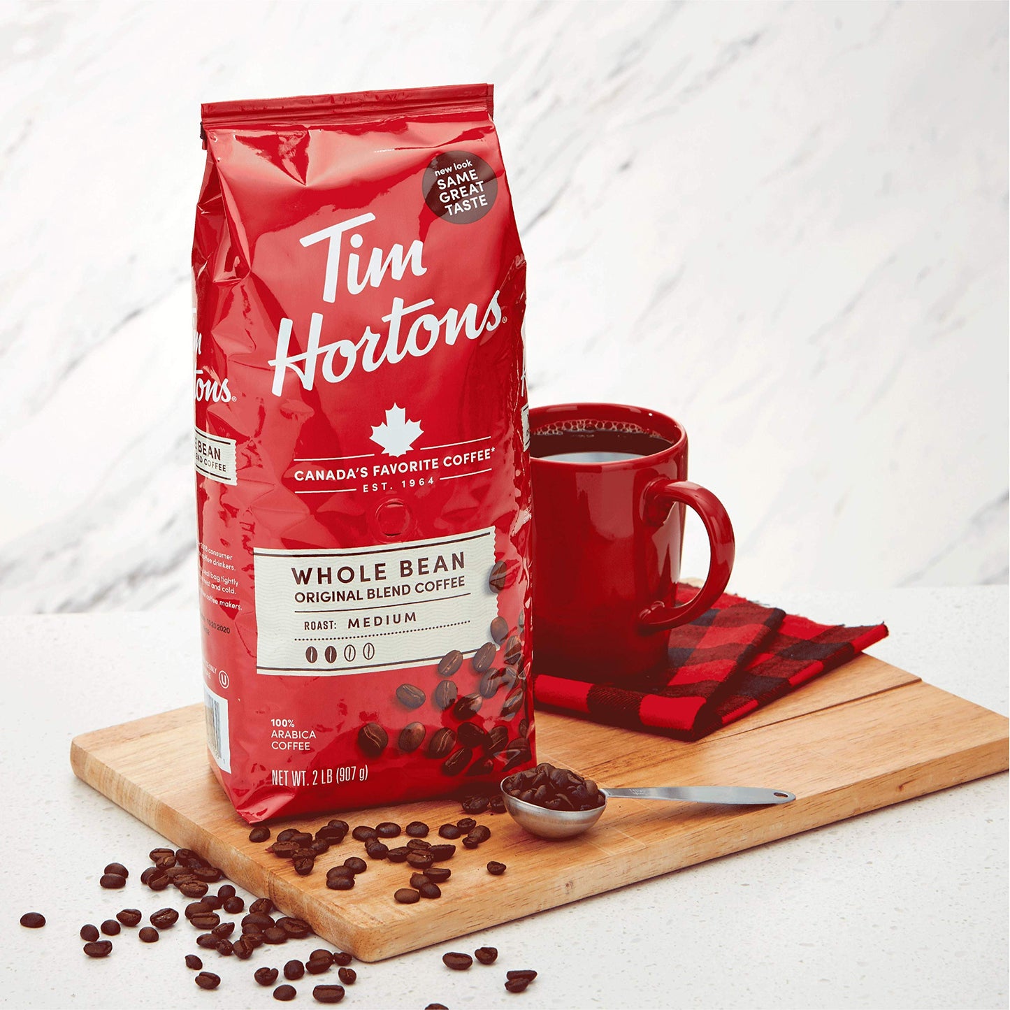 Tim Hortons Whole Bean Medium Roast Coffee, 100% Arabica, 32 Ounce Bag, Red, Model 9807697