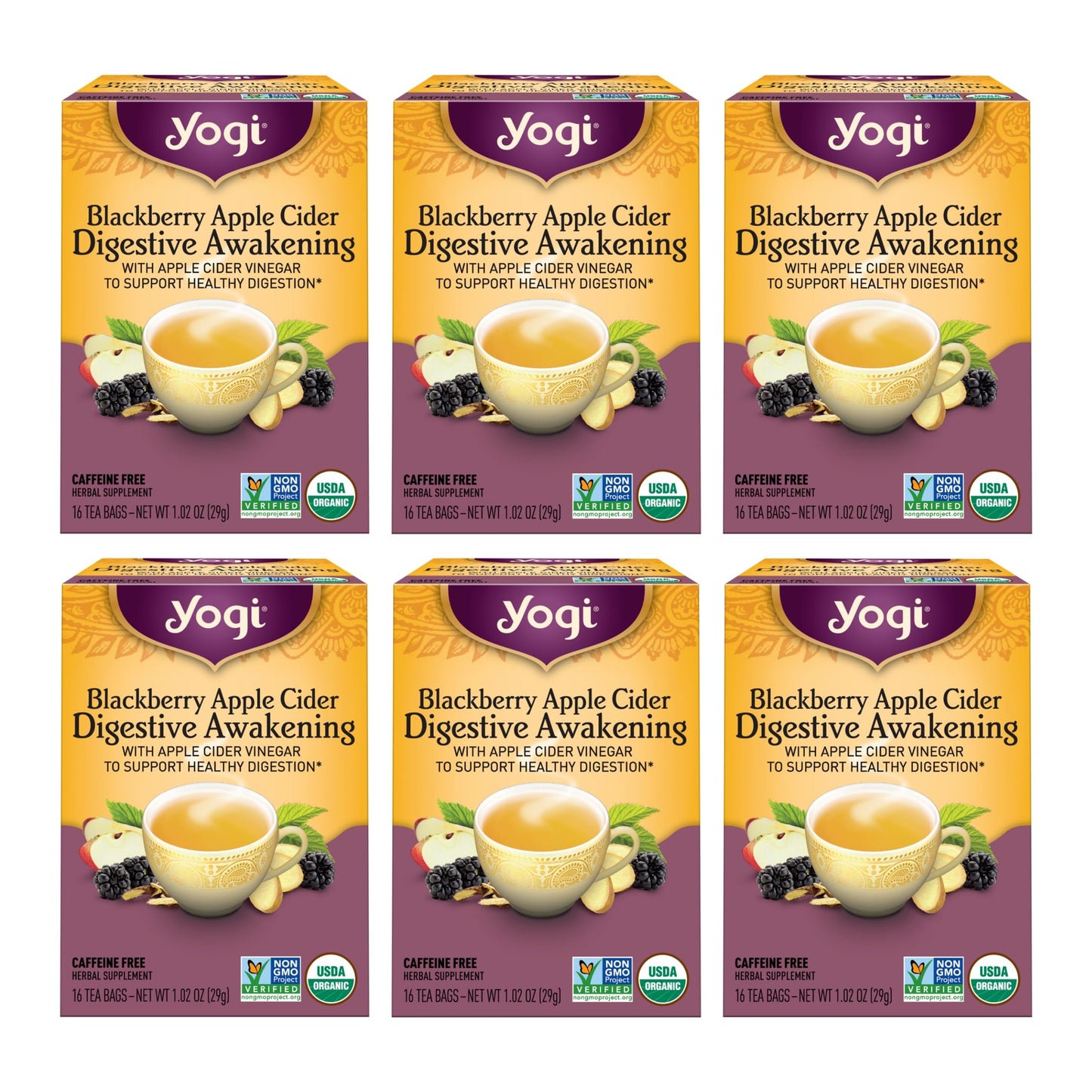 Yogi Tea Blackberry Apple Cider Digestive Awakening Tea - Organic - 16 Bags per Pack (6 Packs)