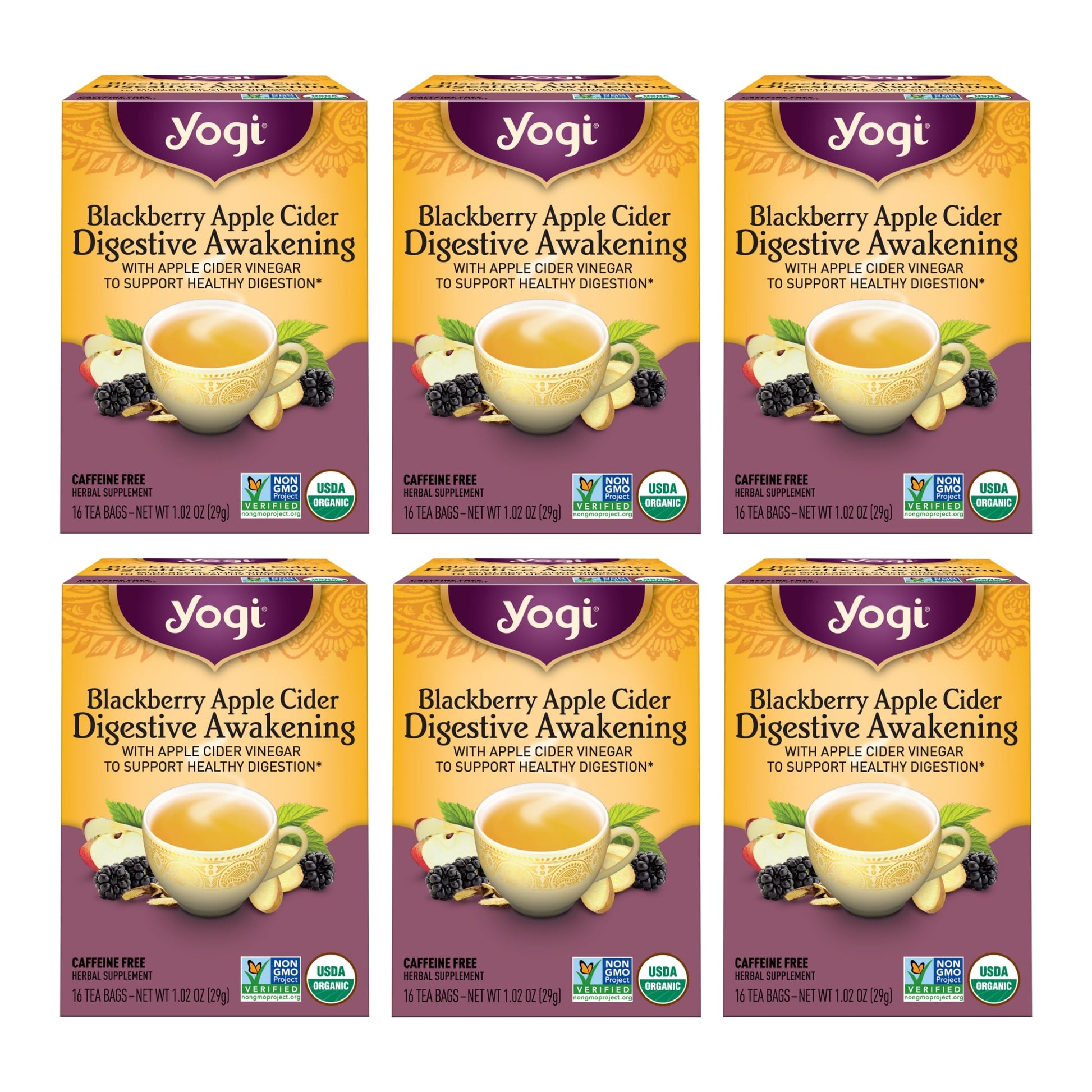 Yogi Tea Blackberry Apple Cider Digestive Awakening Tea - Organic - 16 Bags per Pack (6 Packs)