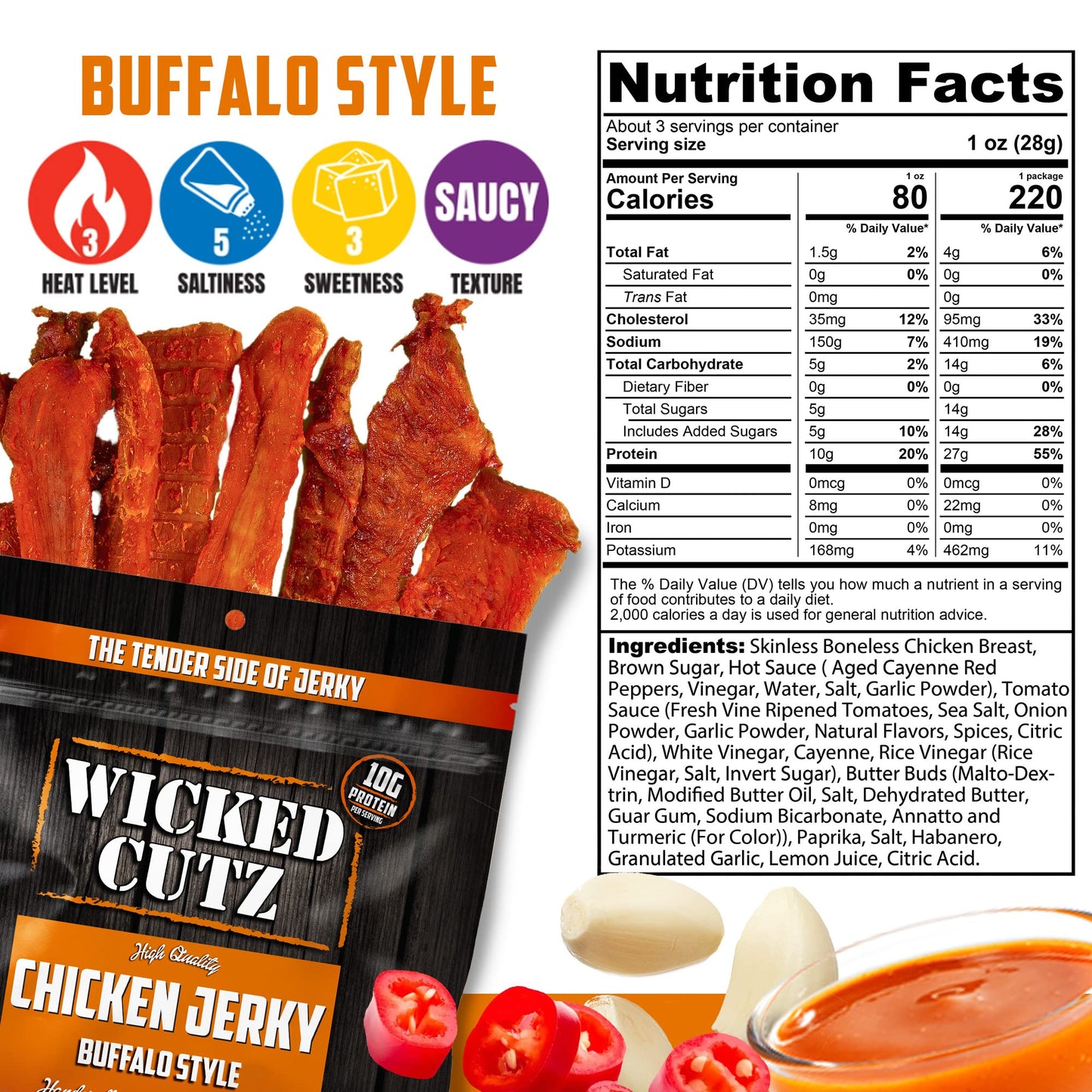 Wicked Cutz Buffalo Chicken Jerky, 27G Protein Per Bag, Tender & Easy To Chew Alternative To Chicken Sticks, Usa Made High Prote