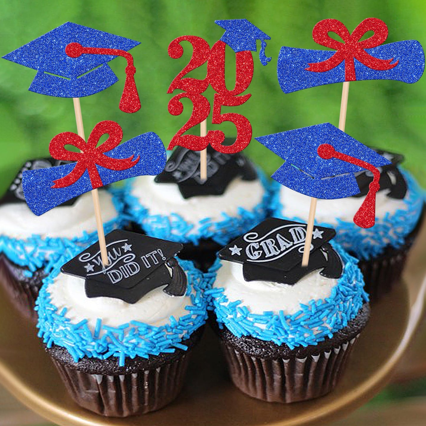 ZHUOWEISM 24 PCS Graduation Cupcake Toppers Glitter Paper Picks Blue Red for Class of 2025 Party Decorations