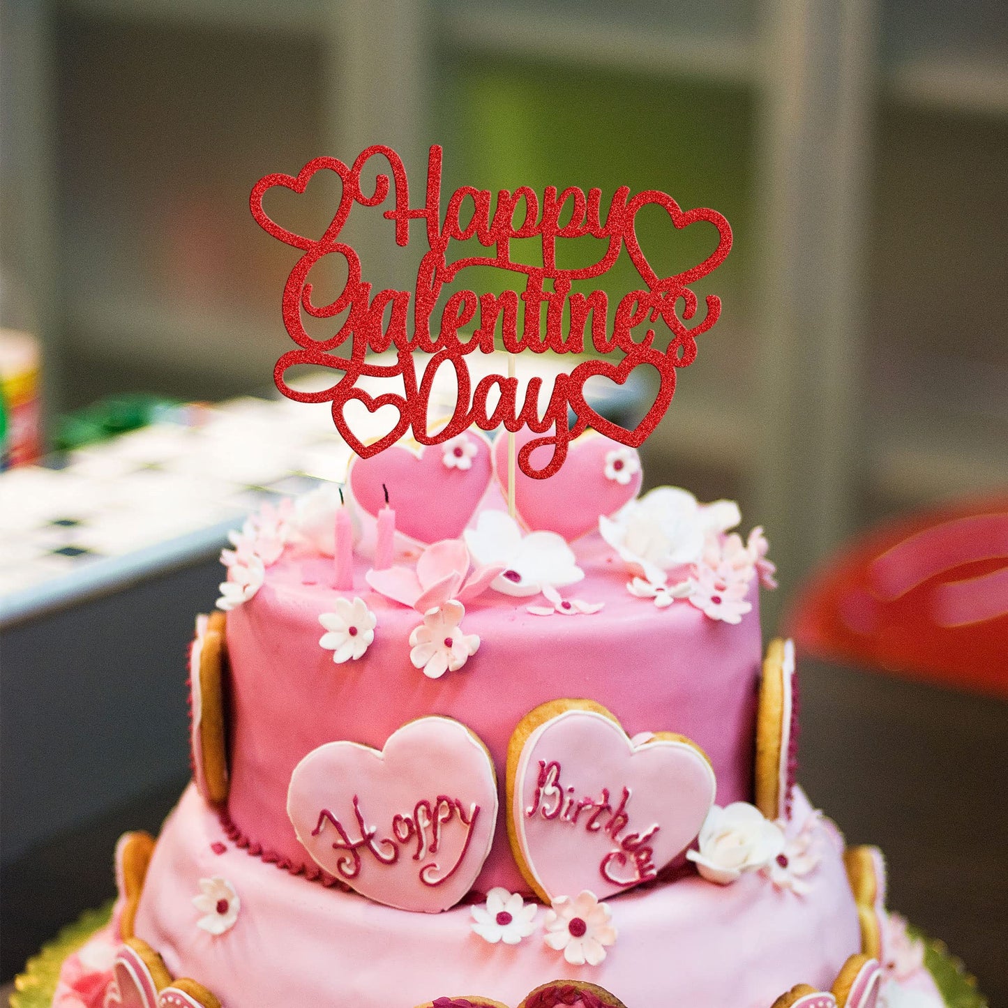 1Pc Happy Valentine'S Day Cake Topper Red Glitter Valentine'S Day Cake Topper Decorations For Valentine'S Day Theme Wedding Enga