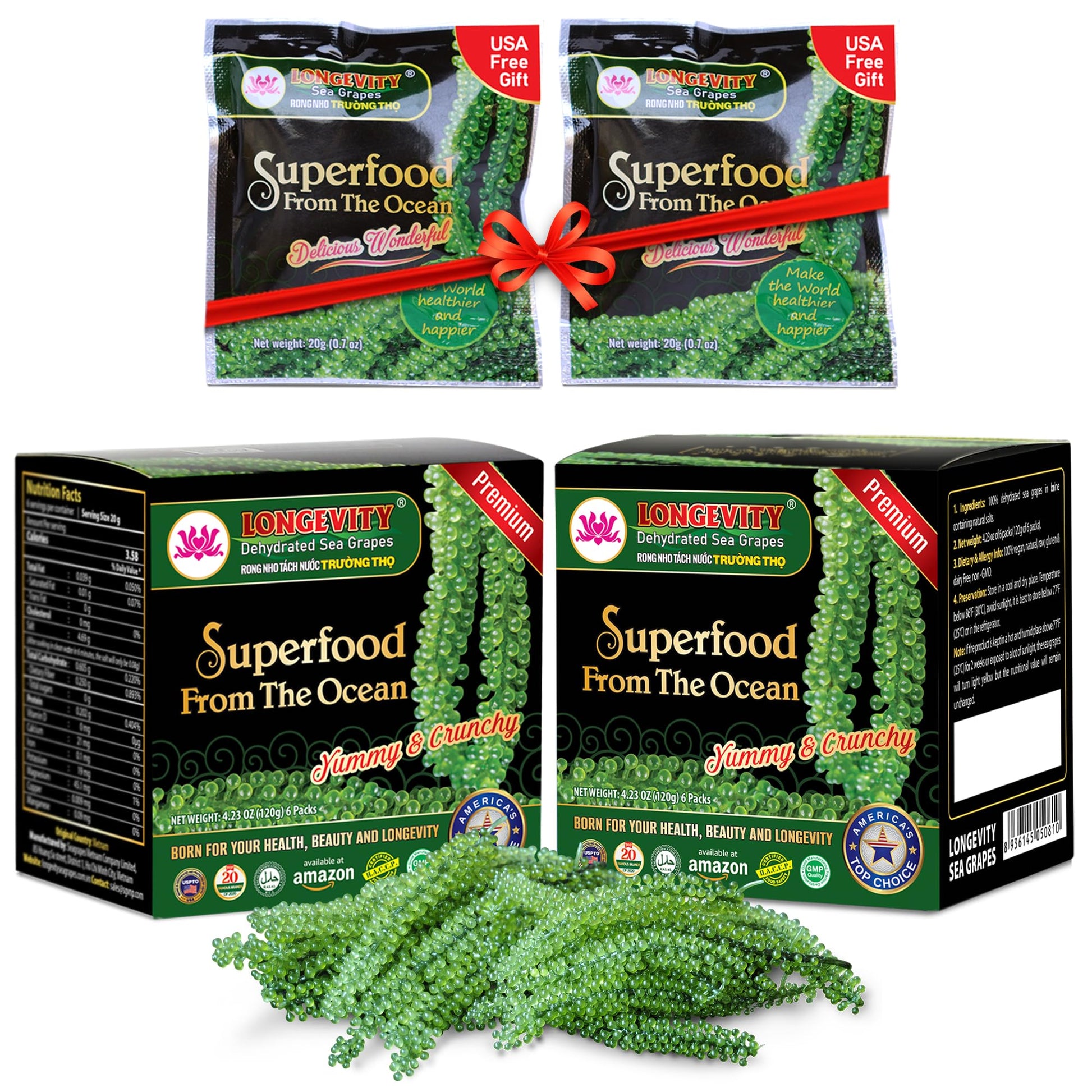 LONGEVITY Sea Grapes Umibudo Green Caviar - Dehydrated, Marinated in Saltwater, 8.4 oz (Pack of 12)