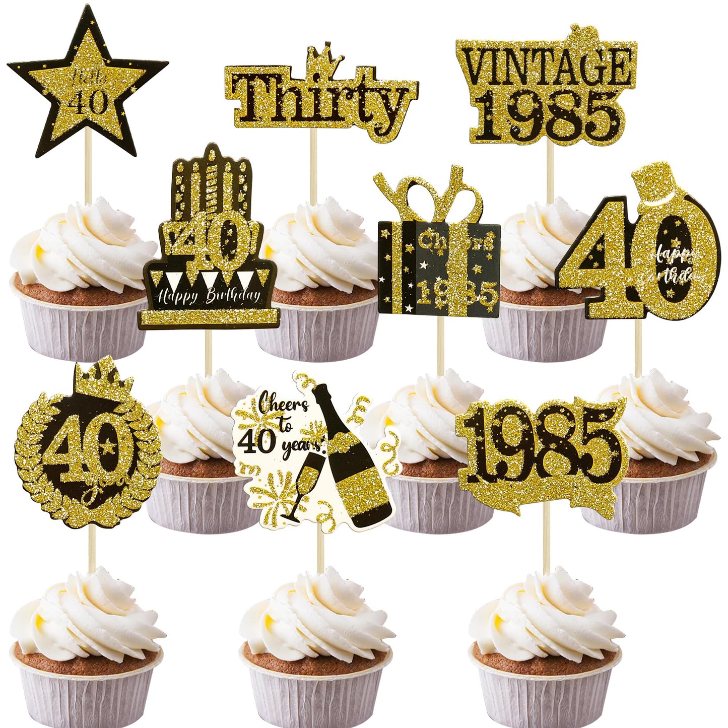 Gyufise 36Pcs Happy 40th Birthday Cupcake Toppers Glitter Black Gold Forty Hello 40 Vintage 1985 Cupcake Picks Cheers to 40 Year