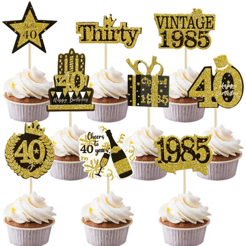 Gyufise 36Pcs Happy 40th Birthday Cupcake Toppers Glitter Black Gold Forty Hello 40 Vintage 1985 Cupcake Picks Cheers to 40 Year