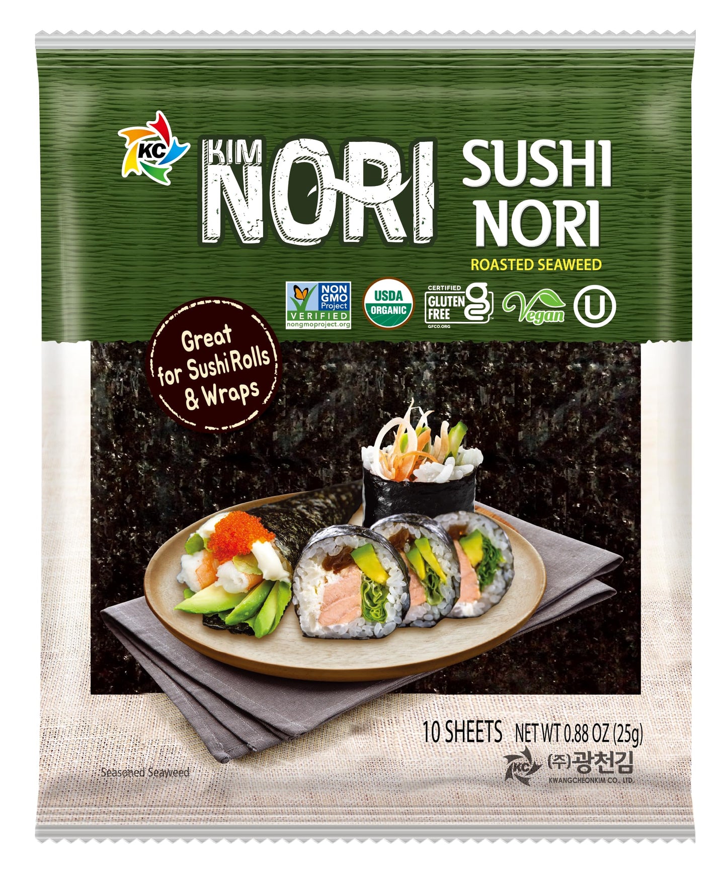 KIMNORI Sushi Nori Sea Sheets - 10 Full Size USDA Organic Yaki Roasted Rolls Wraps Snack 100% Natural Laver Gluten Free No MSG Non GMO Vegan Kosher 25 Gram 0.88 Ounce ? ?? ?? ??