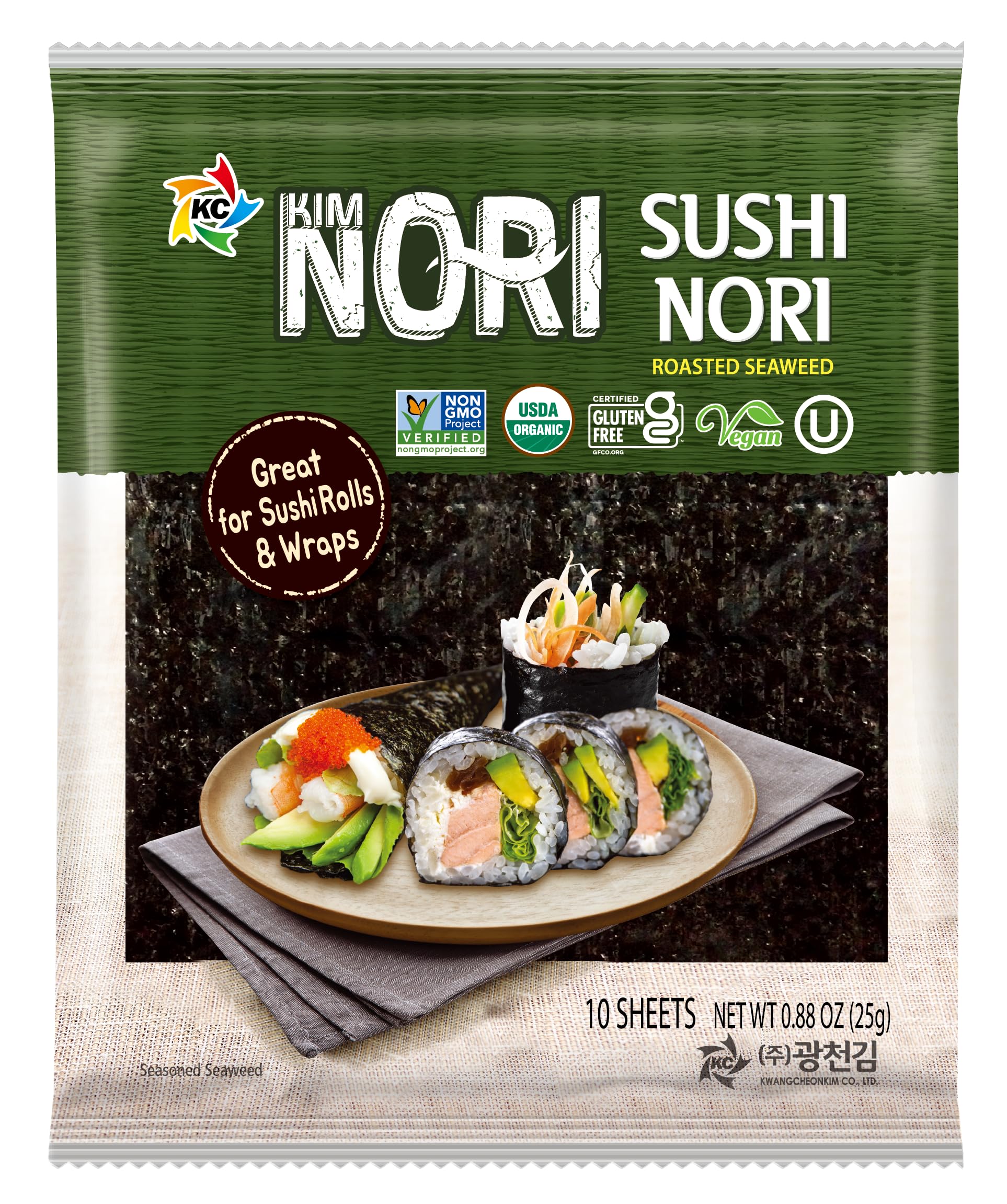 KIMNORI Sushi Nori Sea Sheets - 10 Full Size USDA Organic Yaki Roasted Rolls Wraps Snack 100% Natural Laver Gluten Free No MSG Non GMO Vegan Kosher 25 Gram 0.88 Ounce ? ?? ?? ??