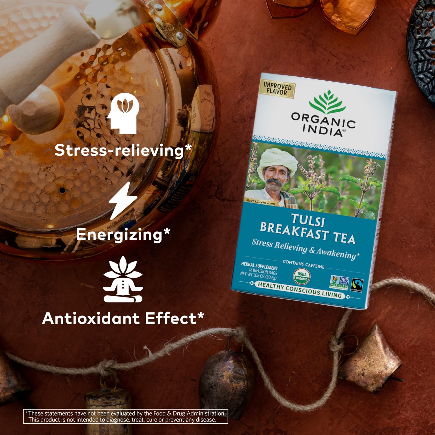 Organic India Tulsi Breakfast Herbal Tea - Black Tea, Holy Basil, Relieve Stress & Energize, Immune Support, Adaptogen - Vegan,