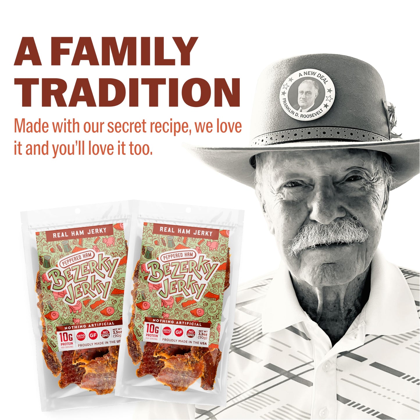 Bezerky Jerky All Natural Peppered Ham Jerky, Low Fat, High Protein, Gluten-Free, 3.3 Ounce (Pack of 6)