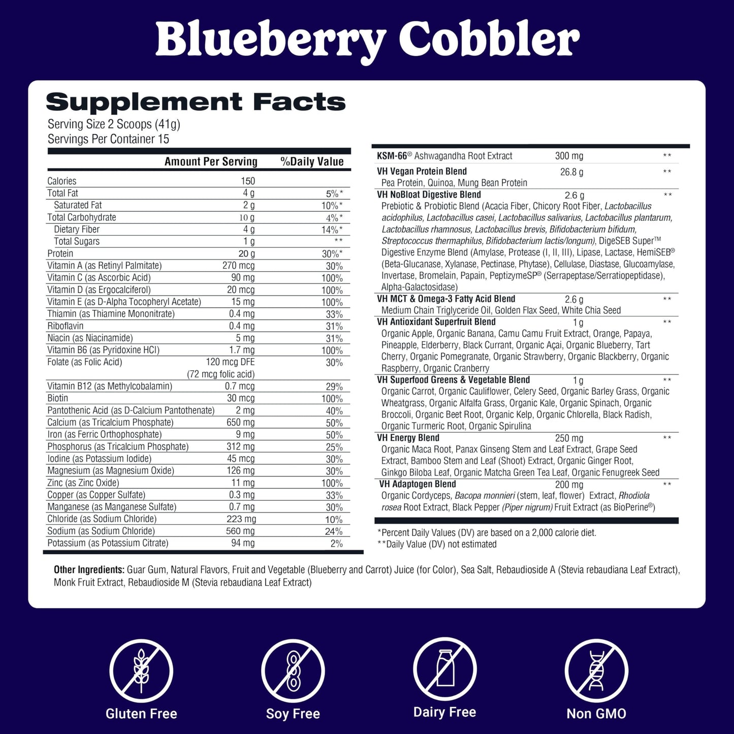VitaHustle All-in-One Nutrition Shake  Blueberry Cobbler - Plant Based Protein Powder by Kevin Hart - Vegan Meal Replacement Shake with KSM66 Ashwagandha & 86+ Superfoods - Organic Meal Replacement Powder
