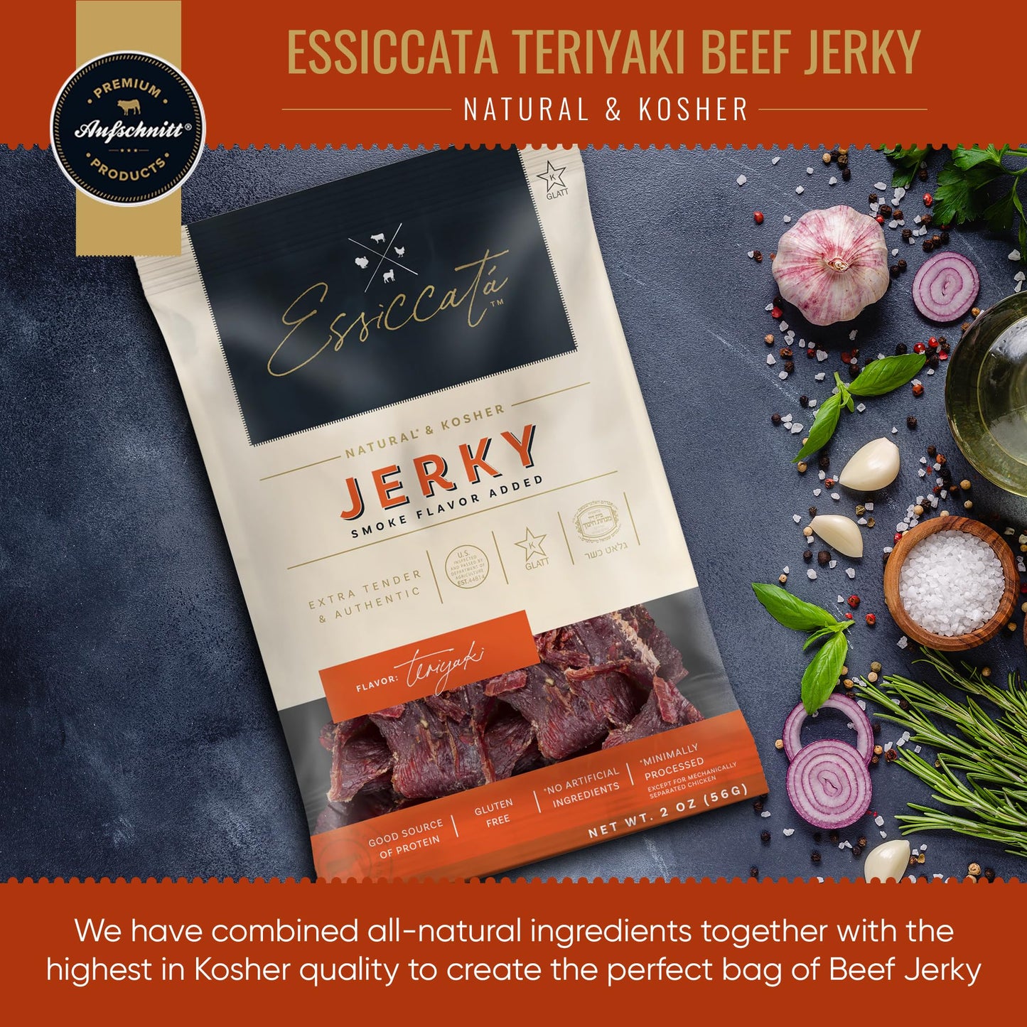 Premium Aufschnitt Beef Jerky - Extra Tender, Grass Fed, Low Sodium, Teriyaki - 24 Pack