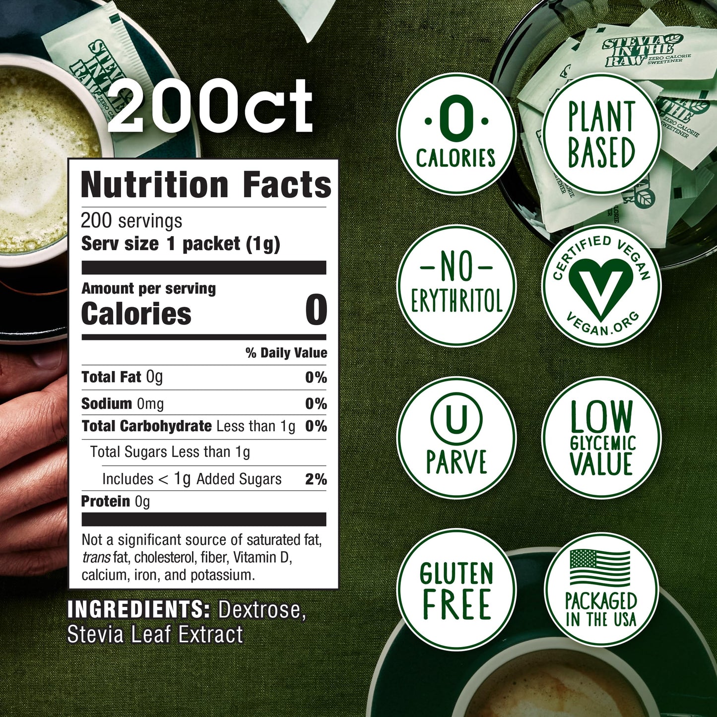 Stevia In The Raw Stevia Sweetener Packets, 200 Ct Box, Zero Calorie Stevia Sugar Substitute Packets, No Erythritol Or Artificial Flavors, Vegan, Gluten Free, Kosher, Low Glycemic Index