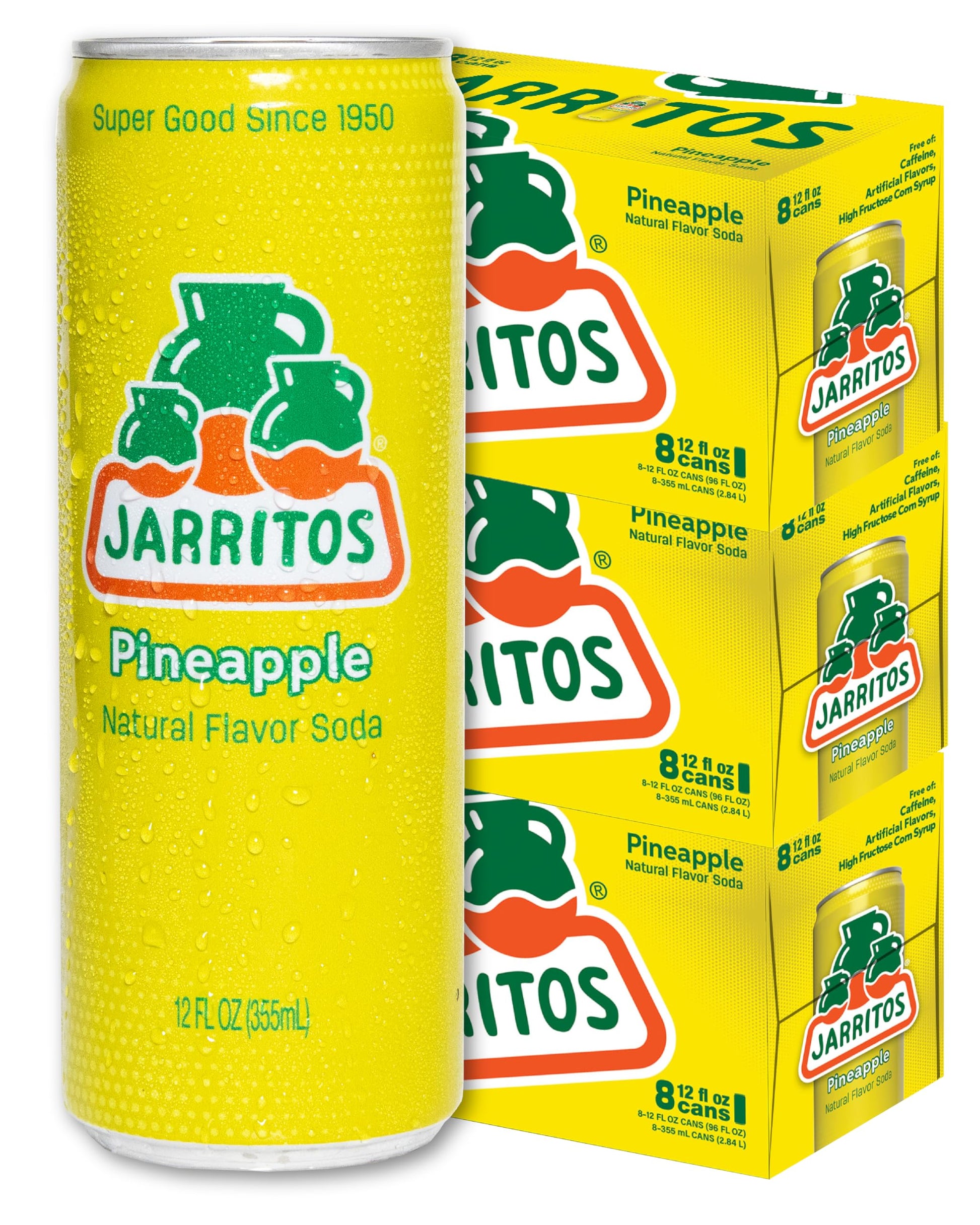 Jarritos - Mexican Soda Soft Drinks  Pineapple (12 oz  355ml) 24 Cans (3 Boxes of 8) - Real Cane Sugar - 0g Fat - Made in Mexico - Natural Flavor Soda Pop - Party & BBQ Beverages