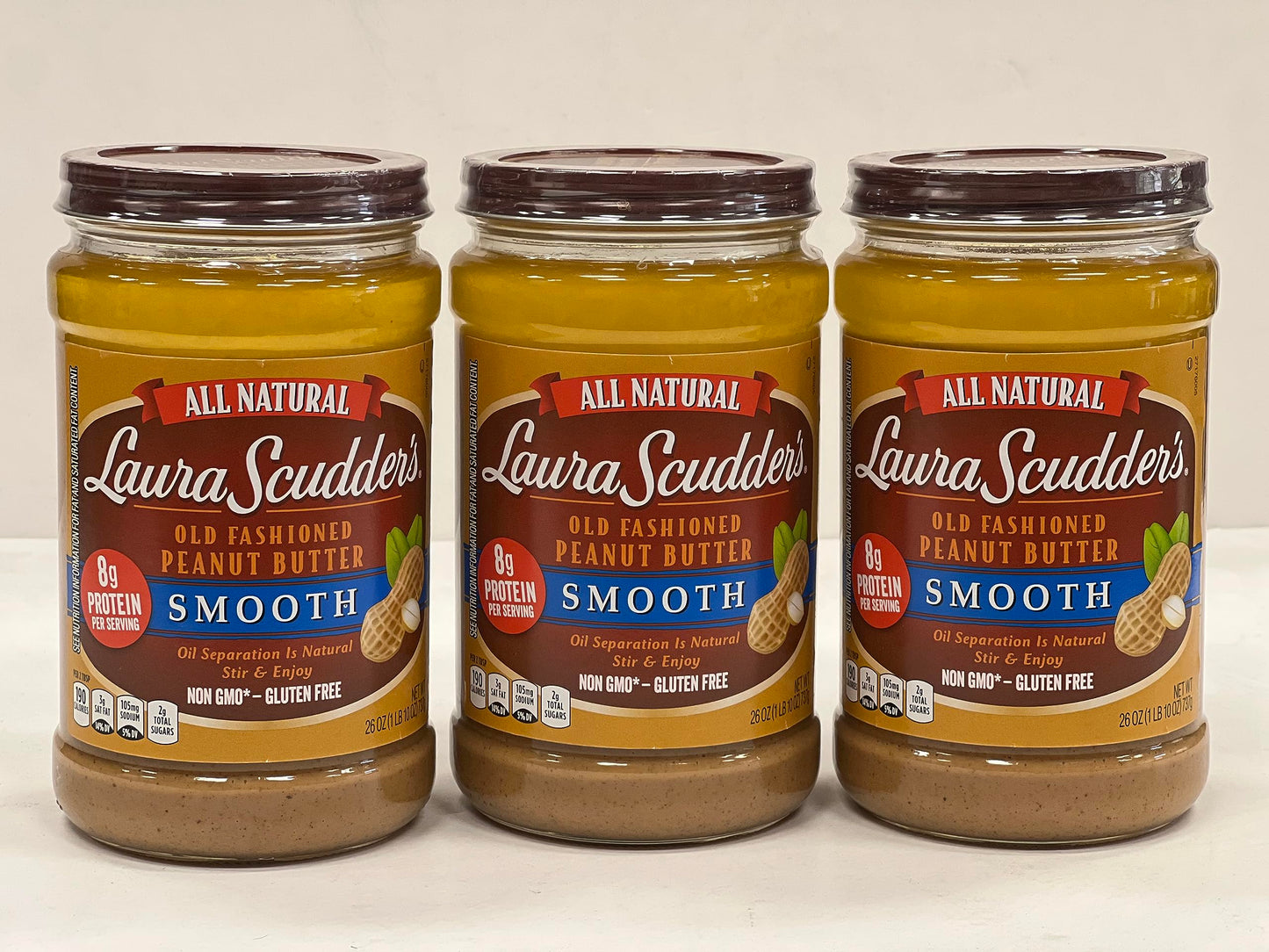 Laura Scudders Old Fashioned Natural Smooth Peanut Butter, 26-Ounce Glass Jars (Pack of 3)