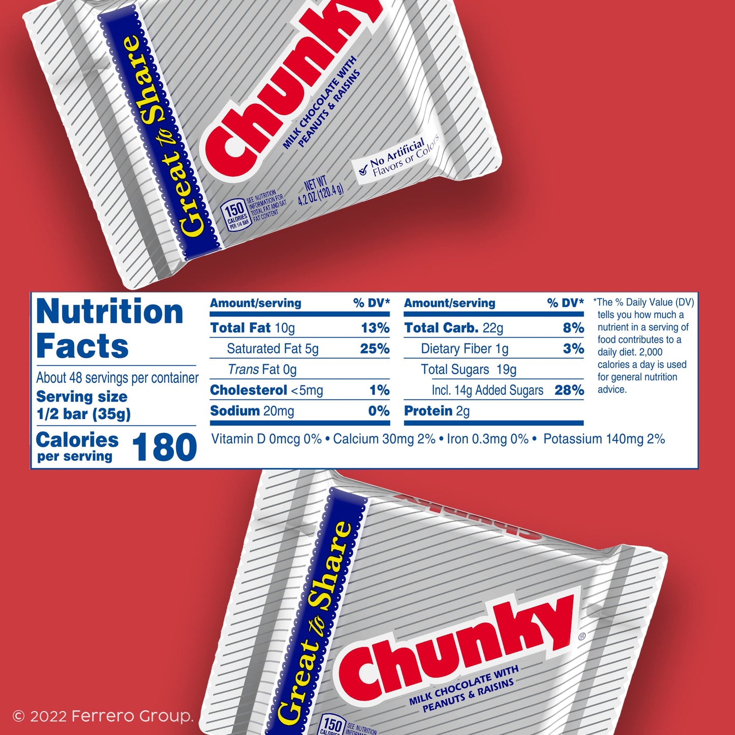 Chunky, Milk Chocolate With Peanuts And Raisins, Individually Wrapped Candy Bar, Share Pack 2.5.Oz Each, Bulk 24 Pack