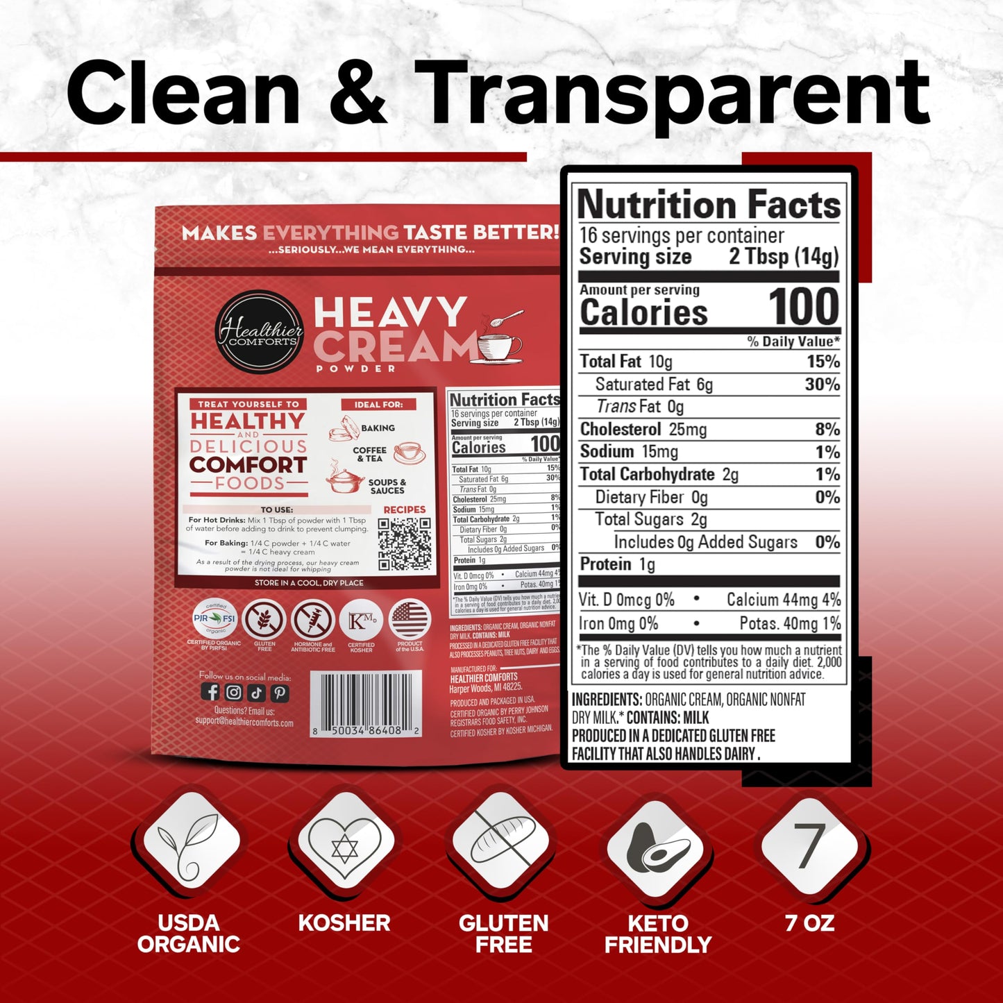 Healthier Comforts Organic Heavy Cream Powder, 72% Butterfat, Gluten Free, Non-GMO, 7 oz