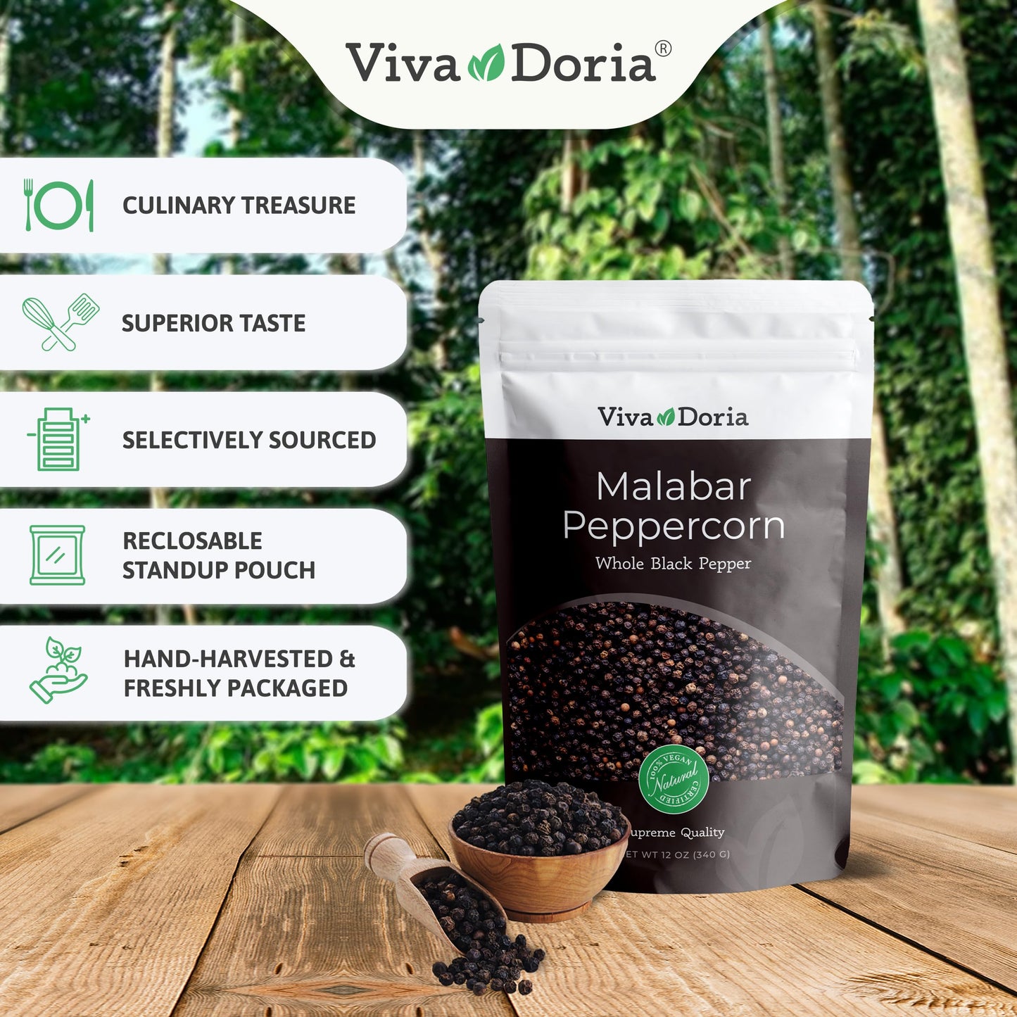 Viva Doria Malabar Peppercorn - Steam Sterilized Whole Black Pepper, 12 Oz Black Peppercorns and Viva Doria Mediterranean Sea Sa